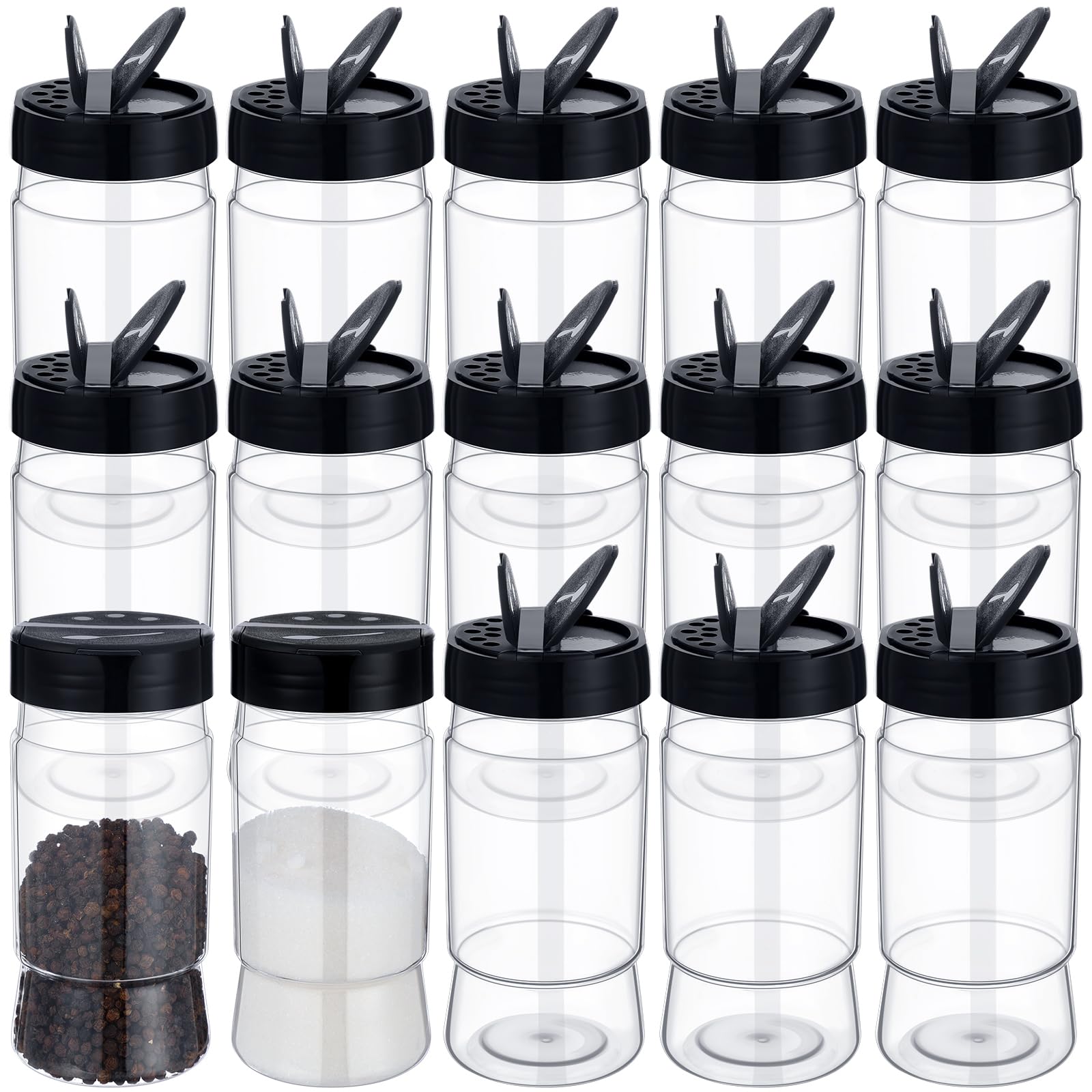 Mimorou Paquete de 30 tarros de plástico para especias de 10.5 onzas con tapas de coctelera, recipientes transparentes para condimentos, botellas de especias para almacenamiento de cocina, hierbas y