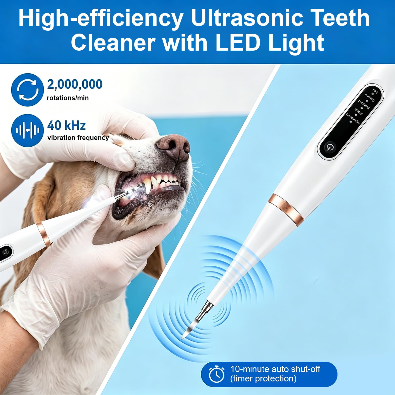 Limpiador Dental Ultrasónico para Perros y Gatos Blanco – 5 Modos con LED, Detección de Encías, IPX7, Recargable USB-C, Kit Completo