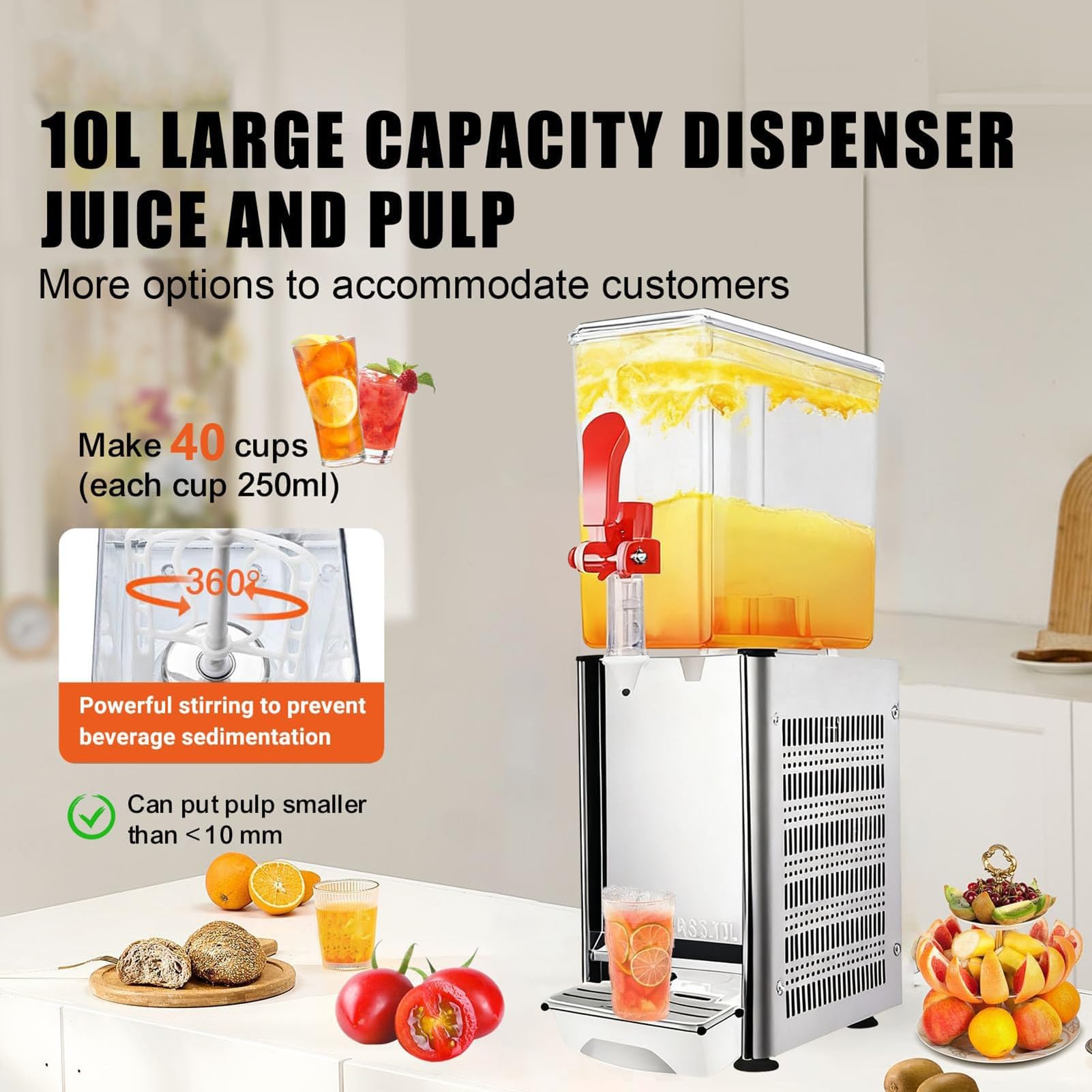 Dispensador de jugo refrigerado comercial, dispensador de bebidas de acero inoxidable de 2.64 galones para fiestas, máquina portátil de bebidas frías, grado alimenticio