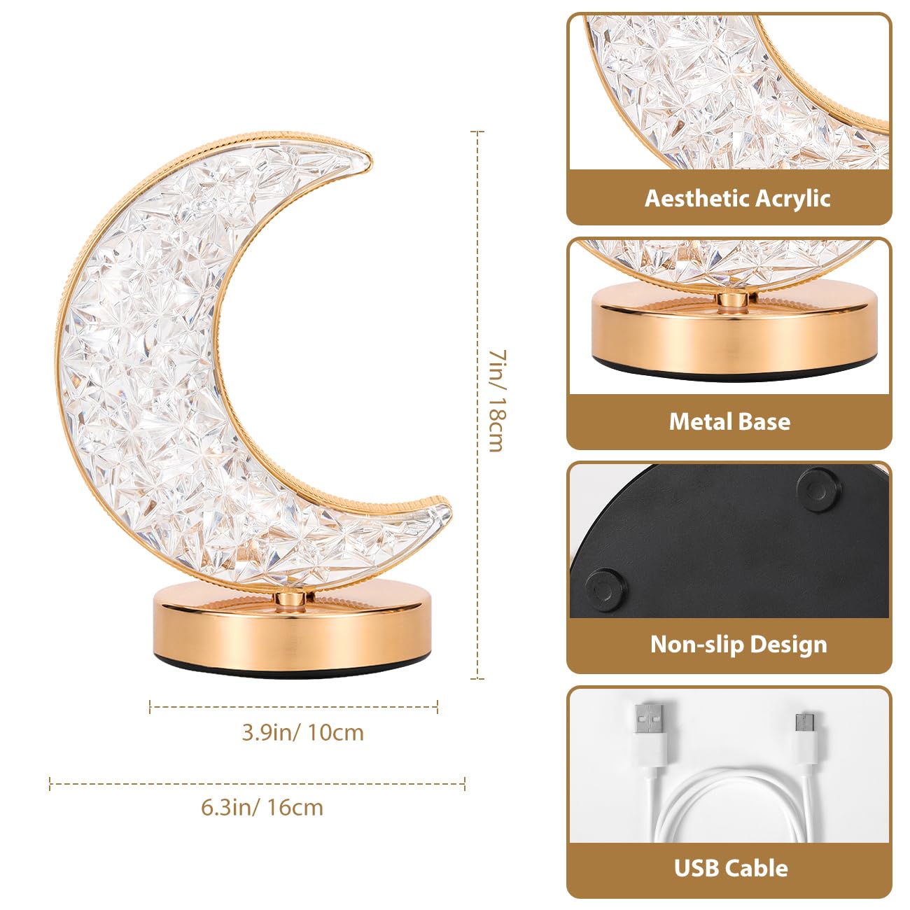 Lámpara de mesa de luna creciente, lámpara táctil regulable sin escalones con 3 colores, luz nocturna recargable con puerto USB, lámpara de noche de luna de Ramadán para mesita de noche, 5