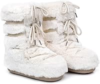 JIANCHIBUXIE Women's Fuzzy Furry Snow Boots - Faux Fur Lined Mid-Calf Lace-Up Winter Ski Boots, Waterproof & Warm Pink White Black Beige