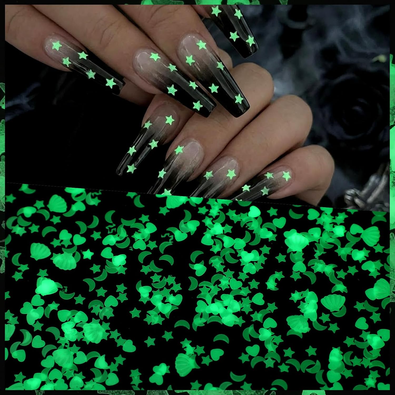 Star Glitter Glow in The Dark 20g/0.7oz 3mm Glow in The Dark Glitter Tiny Moon/Seashell/Heart/Stars Flakes Luminous Sequins Holographic Resin Art Craft Glitters for Nail Art Slime Supply Scrapbook