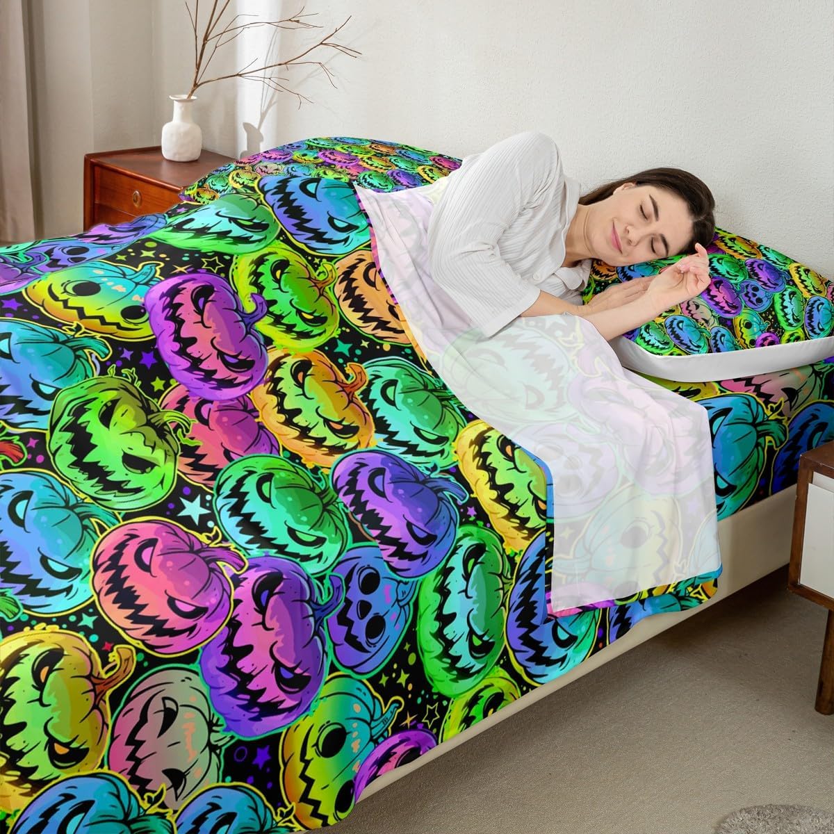 jejeloiu Pumpkin Lantern Sheet Set Queen Size Kids Halloween Sheets with Deep Pocket Fitted Sheet for Boys Girls Teens Pumpkin Theme Bed Sheets Set Breathable Trippy Bedding Set Room Decor Colorful