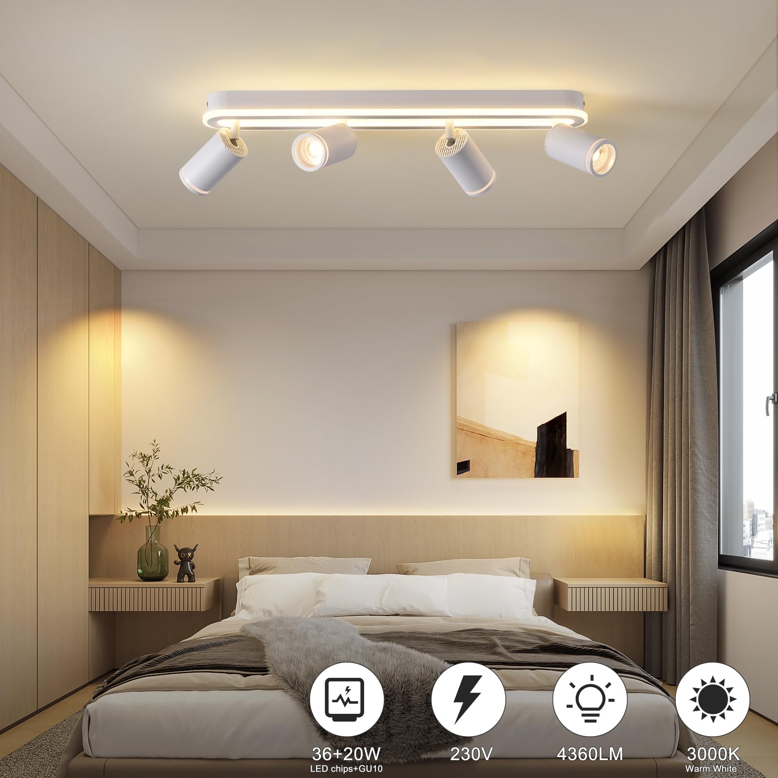 SANSHI Faretti da Soffitto Orientabili Interno LED 4 Luce,Faretti da Parete con Inferiore 36W+4x5W,GU10 Lampadario Faretti,Moderna Plafoniera Faretti Bianco Caldo 3000K per Cameretta Cucina,Bianco