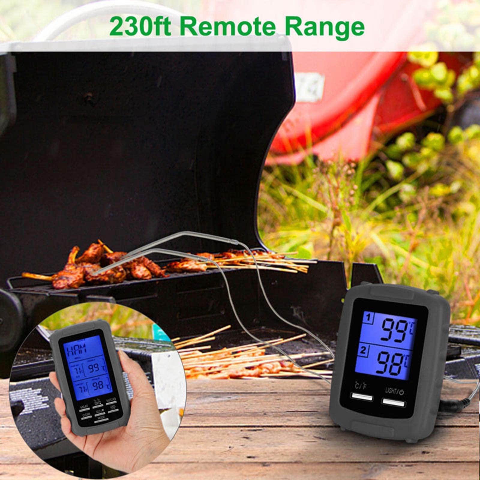 BBQ Thermometer mit Drahtloser Fernbedienung Und Edelstahl Sensoren Zur Überwachung von Grill Und Fleisch Wasserfest Alarm bei Überhitzung Fü, Grau