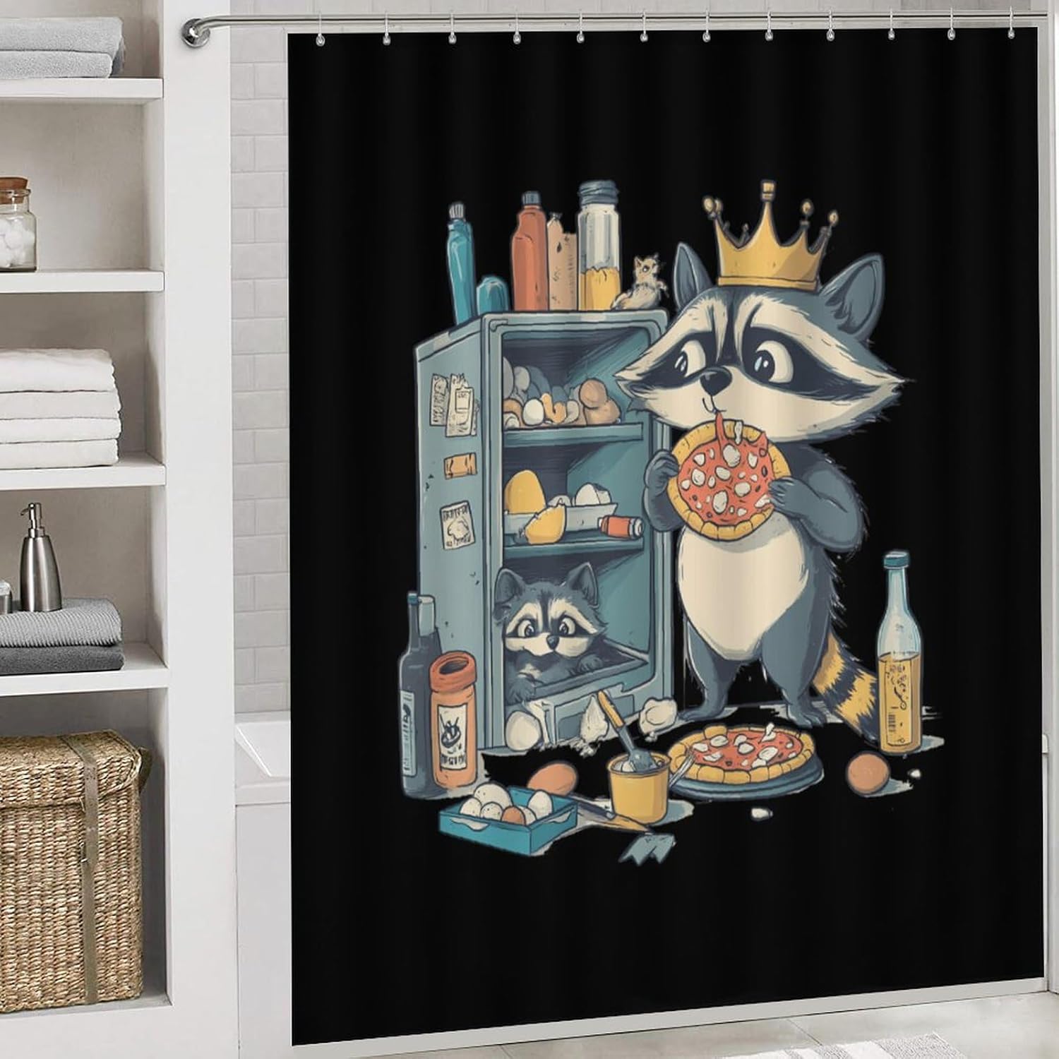 Raccoon and Leftovers Bathroom Sets with Shower Curtain and Rugs 4 Piece with U-Shaped Floor Mat Toilet Lid Cover