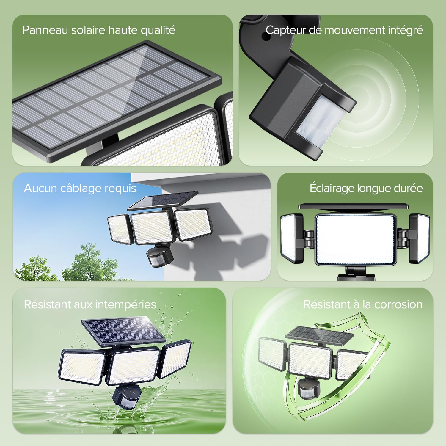 UME Lampe de sécurité solaire Extérieur 302 LED 1200 lm, projecteur mural étanche à énergie solaire avec détecteur de mouvement PIR, 3 têtes, étanche IP65, 3 modes