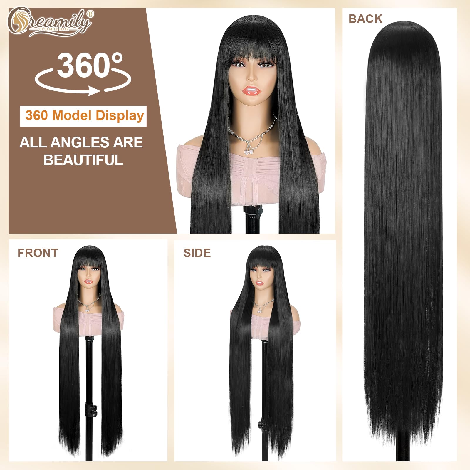 Creamily 40" Long Black Straight Full Head Wigs with Bang for Women | Heat-Resistant Synthetic Hair Wigs for Women with Natural Shine | Extra-Length Hair Wig for Women Ideal for Indian Festivals/Weddings/Daily Use (Black, 40 inch) 1