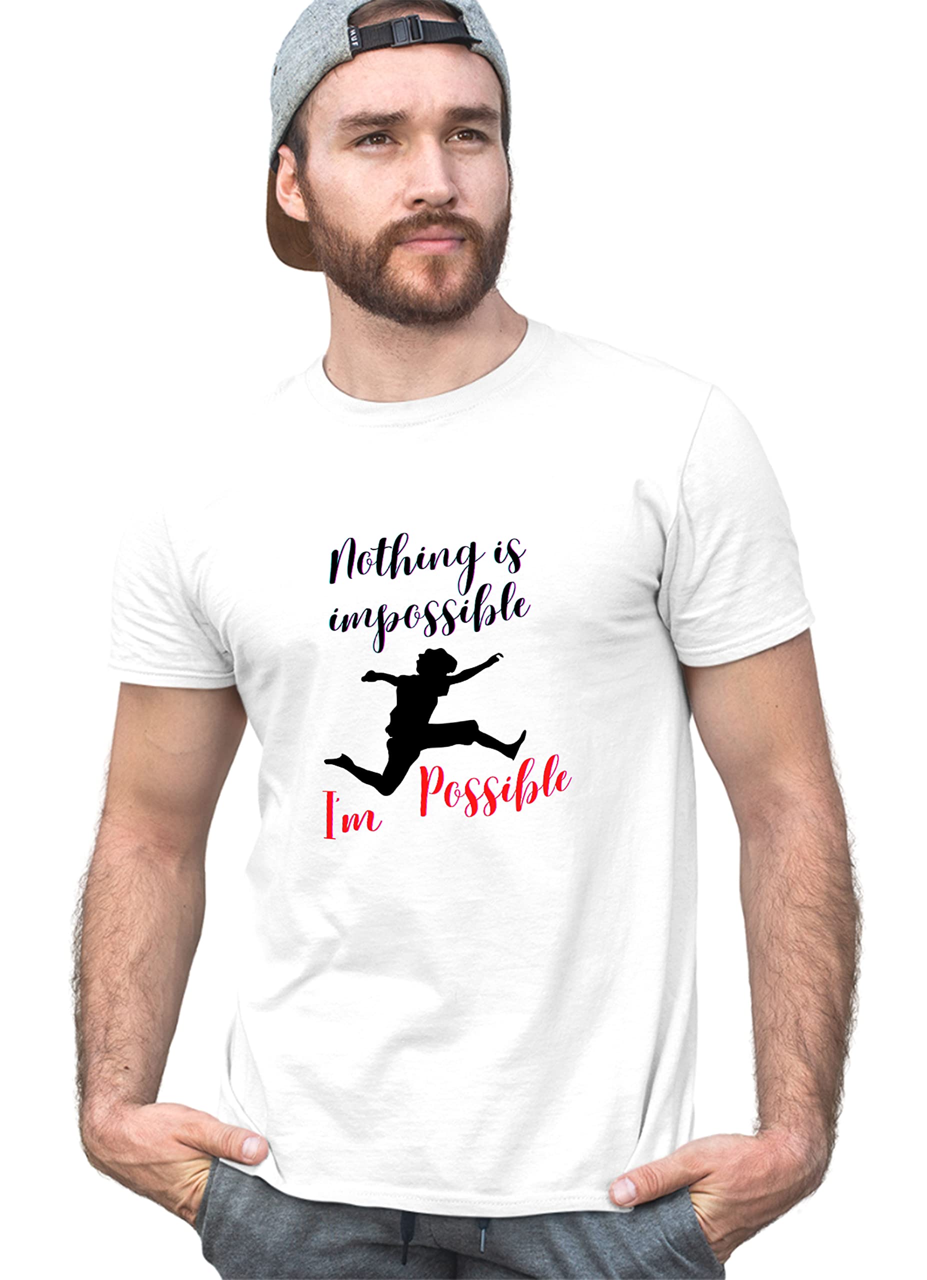JAVA IMPRESSIONS & CLOTHINGWhite T-Shirt | Graphic Printed T-Shirt | Half Sleeves T-Shirt | Round Neck T-Shirt | White T-Shirt for Men | Nothing is Impossible Motivational t-Shirt