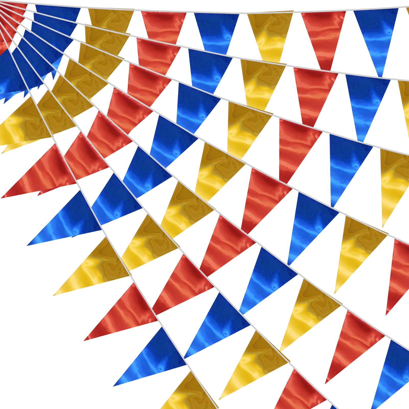 20M/64FT Gold Blue Red Triangle Pennant Banner Flag Metallic Fabric Bunting Garland for Christmas Graduation, Independence Day, 4th of July, Patriotic Themed Party Decoration