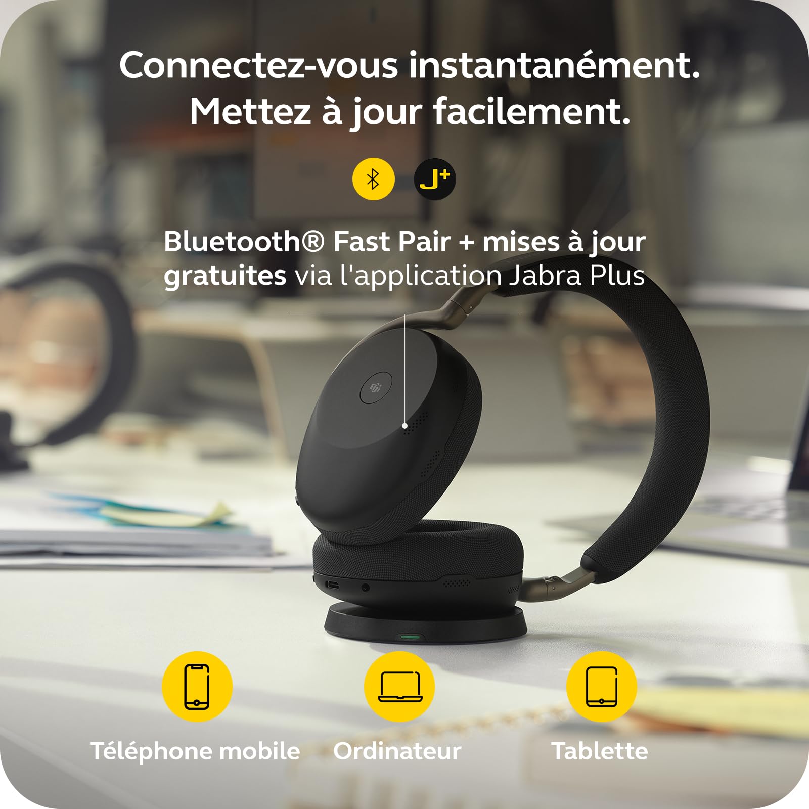 Jabra Evolve3 85 Casque Over-Ear Bluetooth sans Fil avec Micro et Station de Charge pour Travail, USB-C, IA Appel Vocal, ANC Adaptative, 25h, Compatible Applications de réunion, Noir