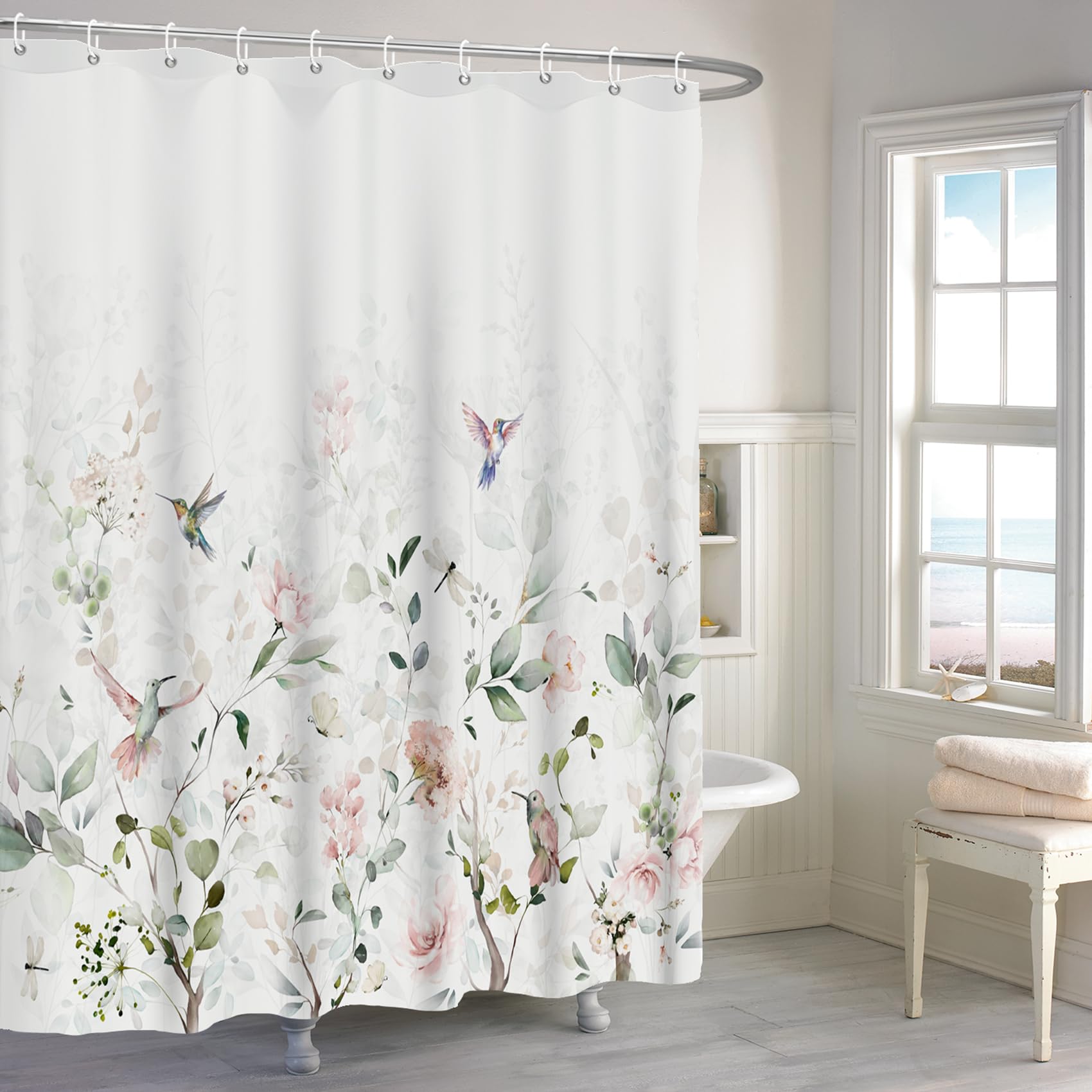 Renaiss 72x72 Inches Hummingbird Floral Shower Curtain Watercolor Pink Flowers Birds Green Eucalyptus Leaves Fabric Shower Curtains for Bathroom Decor