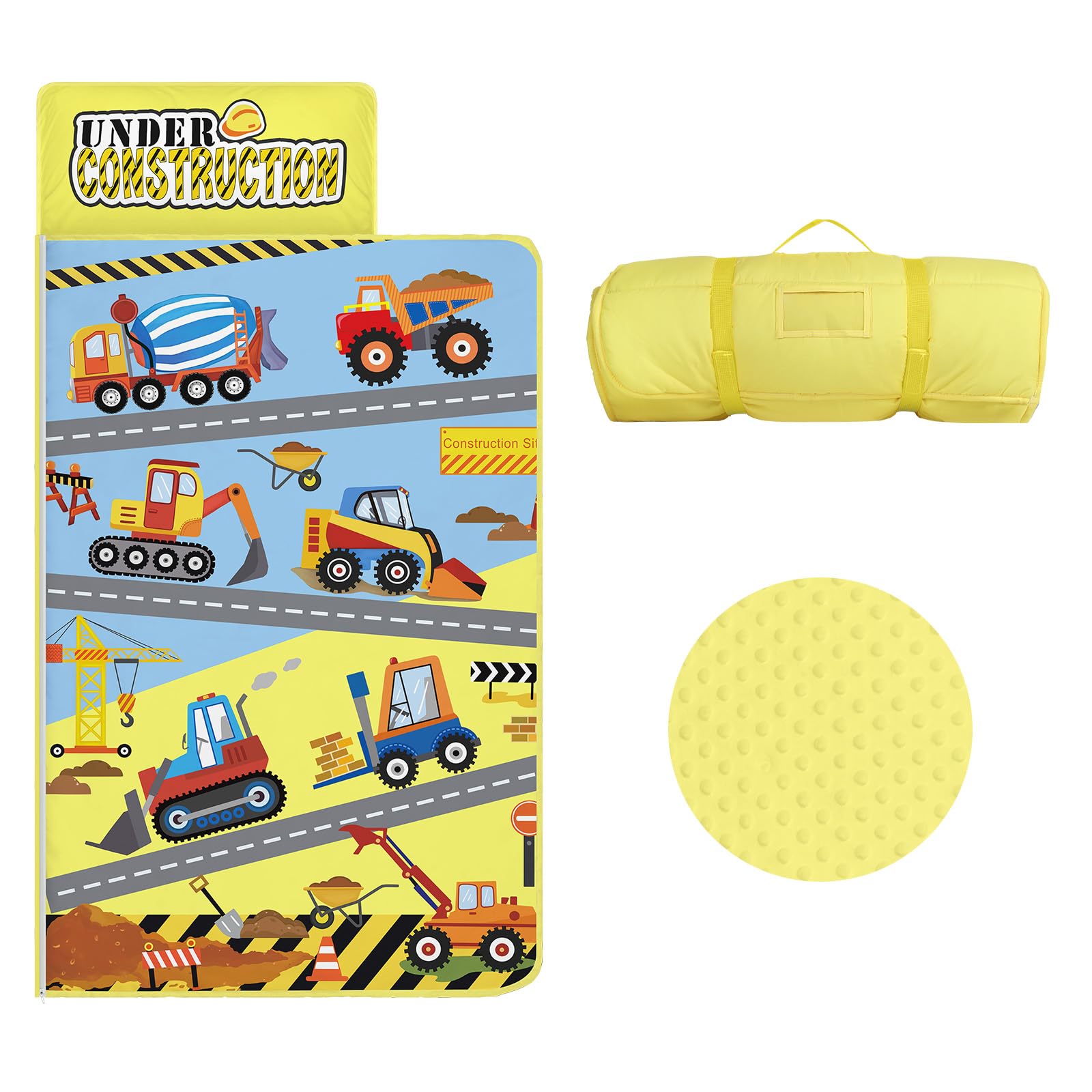 Tapis de Sieste pour Enfants avec Oreiller et Couverture Amovibles Sac de Couchage 2 en 1 Très Épais pour Garçons et Filles, Couverture de Sieste pour Crèche Voyage Camping (Véhicule de Construction)