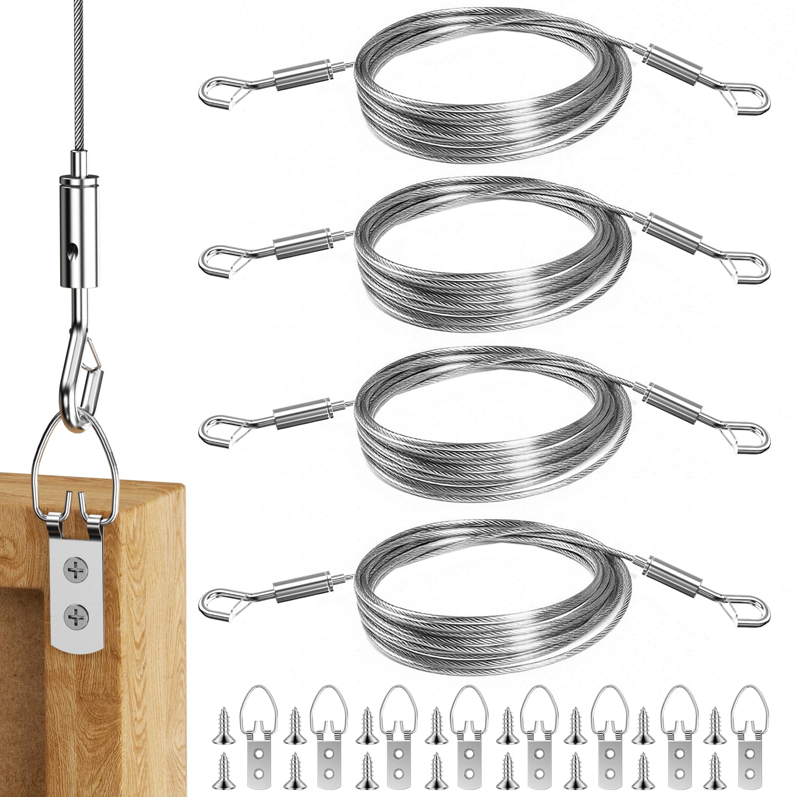 Adjustable Picture Hanging Wire Kit,4 Pack Picture Rail Hooks And Wire,D Rings For Picture Hanging,Mirror Hanging Kit Heavy Duty Pictures Hang Cord For Art Pictures Mirrors Billboards Frame Canvas(2m)