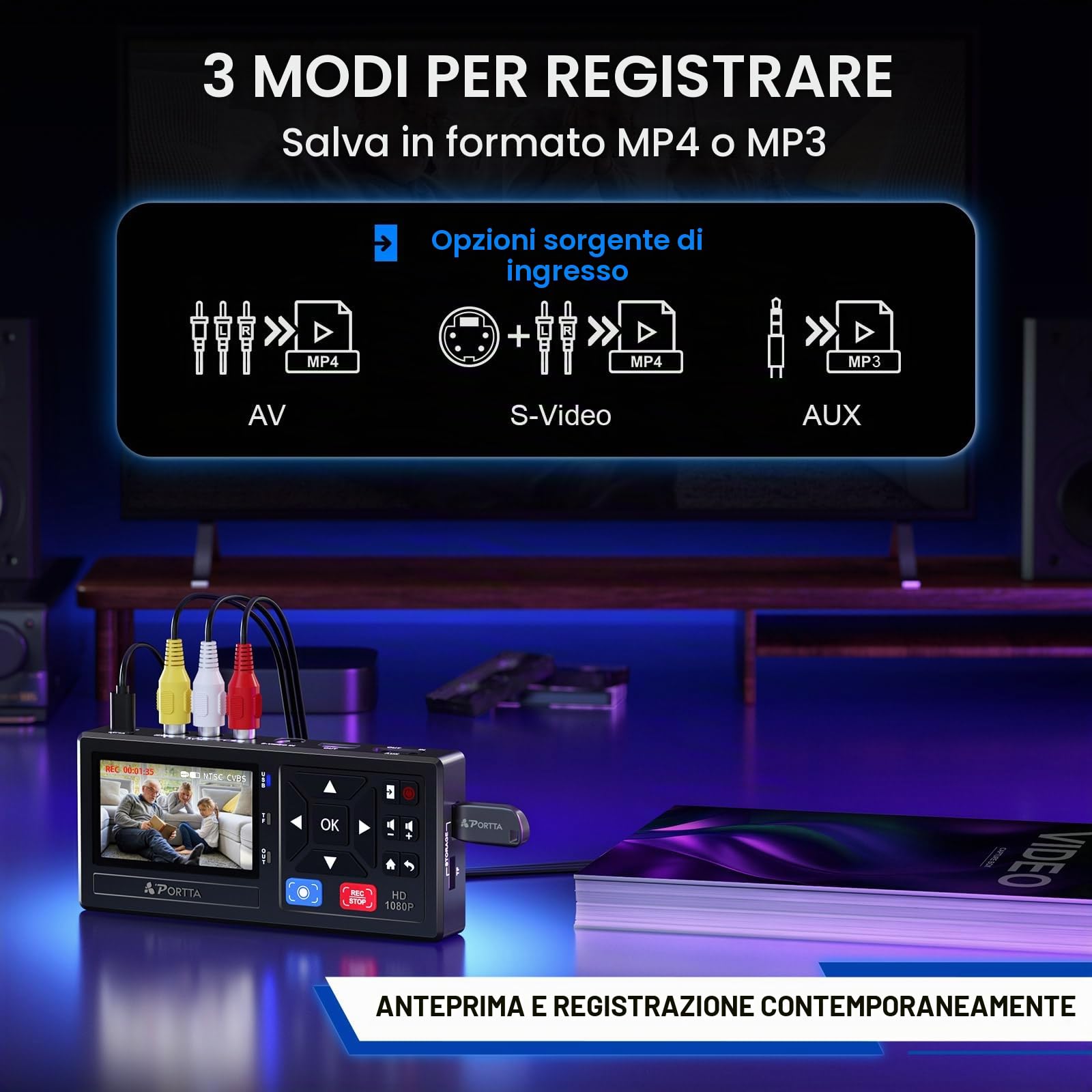 Portta Convertitore da VHS a digitale con unità flash USB 3.0 da 128 GB, video a registratore digitale, compatibile con VHS, VCR, DVR, DVD, Hi8, mini lettori DV, videocamera (lettore VHS/nastri/DVD