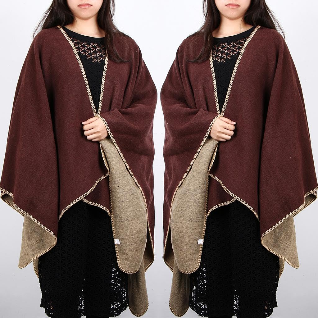 BNF®Women's Wool Blended Shawl Cardigan Wrap Poncho Cape Sweater Coat Blanket Brown for Winter-image-8