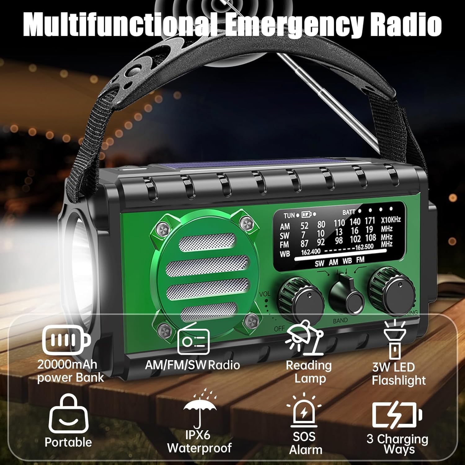 Radio Dynamo Survie 20000mah Lampe Dynamo Survie SW/AM/FM Grande Batterie, Portable Charge de Téléphone Portable, SOS, Lampe de Poche Radio Manivelle Survie pour Urgence/Maison （Vert）