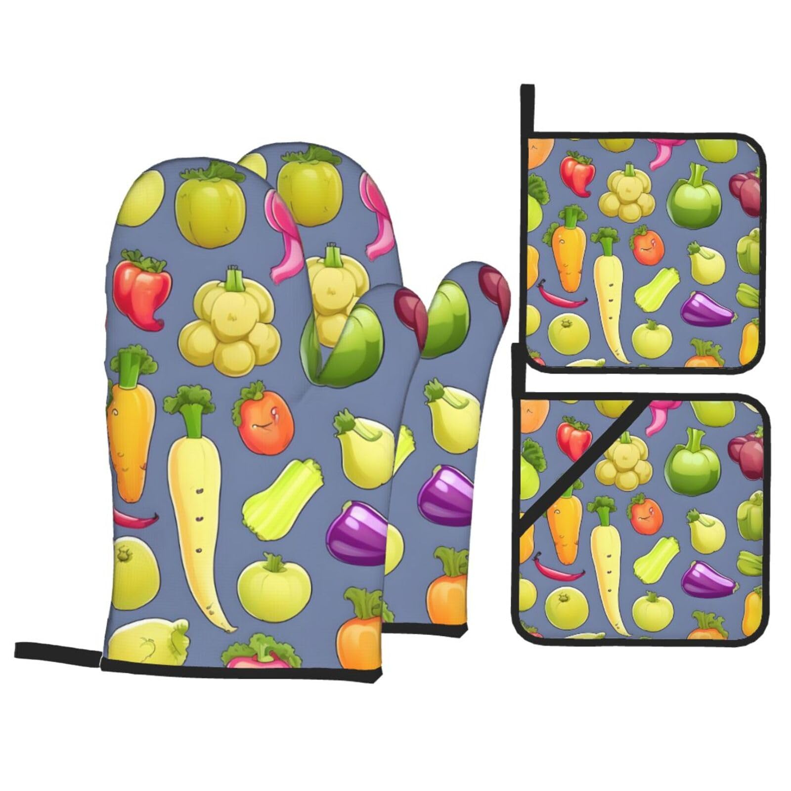 Cartoon Vegetable Fruit Print 4-Piece Oven Microwaving Set Waterproof Kitchen Gloves for Baking Grilling Cooking