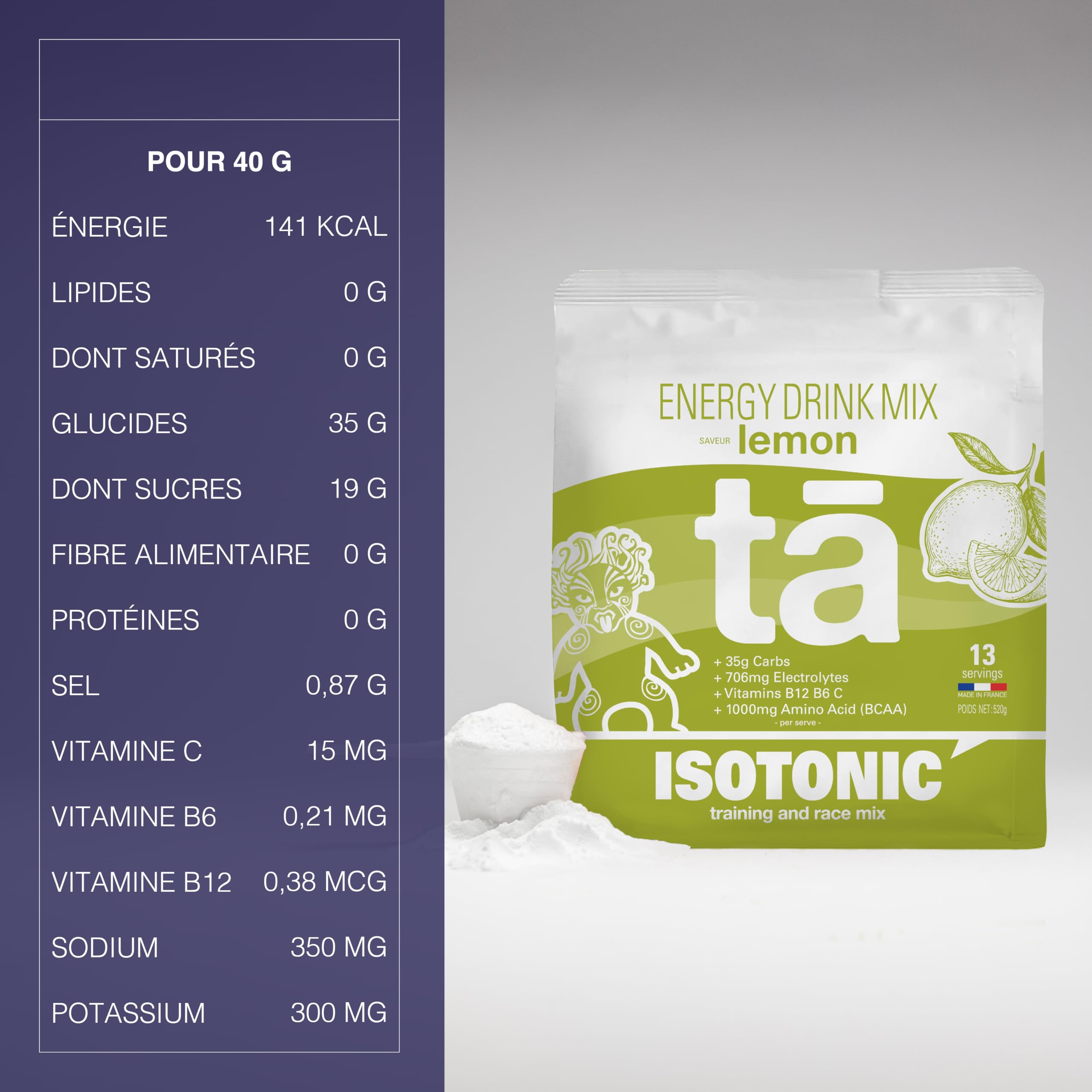 Boisson Énergétique fabriquée en France. Apport en Glucides, Electrolytes (sodium, magnésium, potassium) Vit (C, B6, B12) et BCAA. Sac de 520g soit 13 bidons de 500ml (Citron)