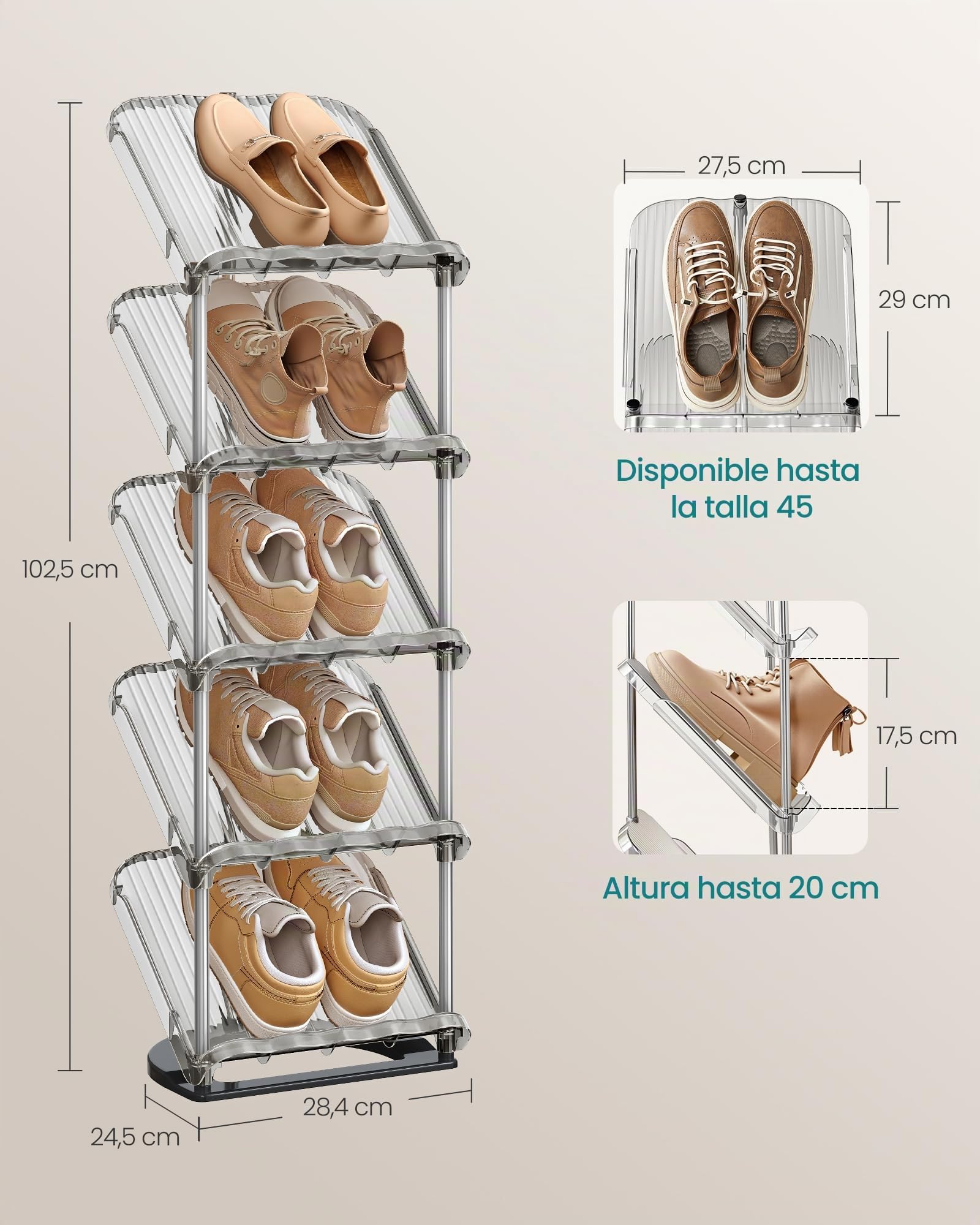 SONGMICS Zapateros, 5 Niveles, Juego de 2, Organizador de Zapatos de Plástico, 24,5 x 28,4 x 102,5 cm, Modular, para Entrada, Pasillo o Vestidor, Gris LPC050GZ01