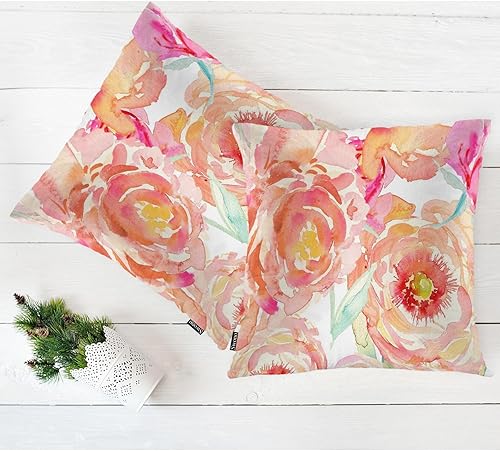 Miniatura 5 de Swono Juego de 2 fundas de almohada de peonía melocotón para hombres y mujeres, rosas en acuarela, peonías, flores, 18 x 18 pulgadas, funda de cojín