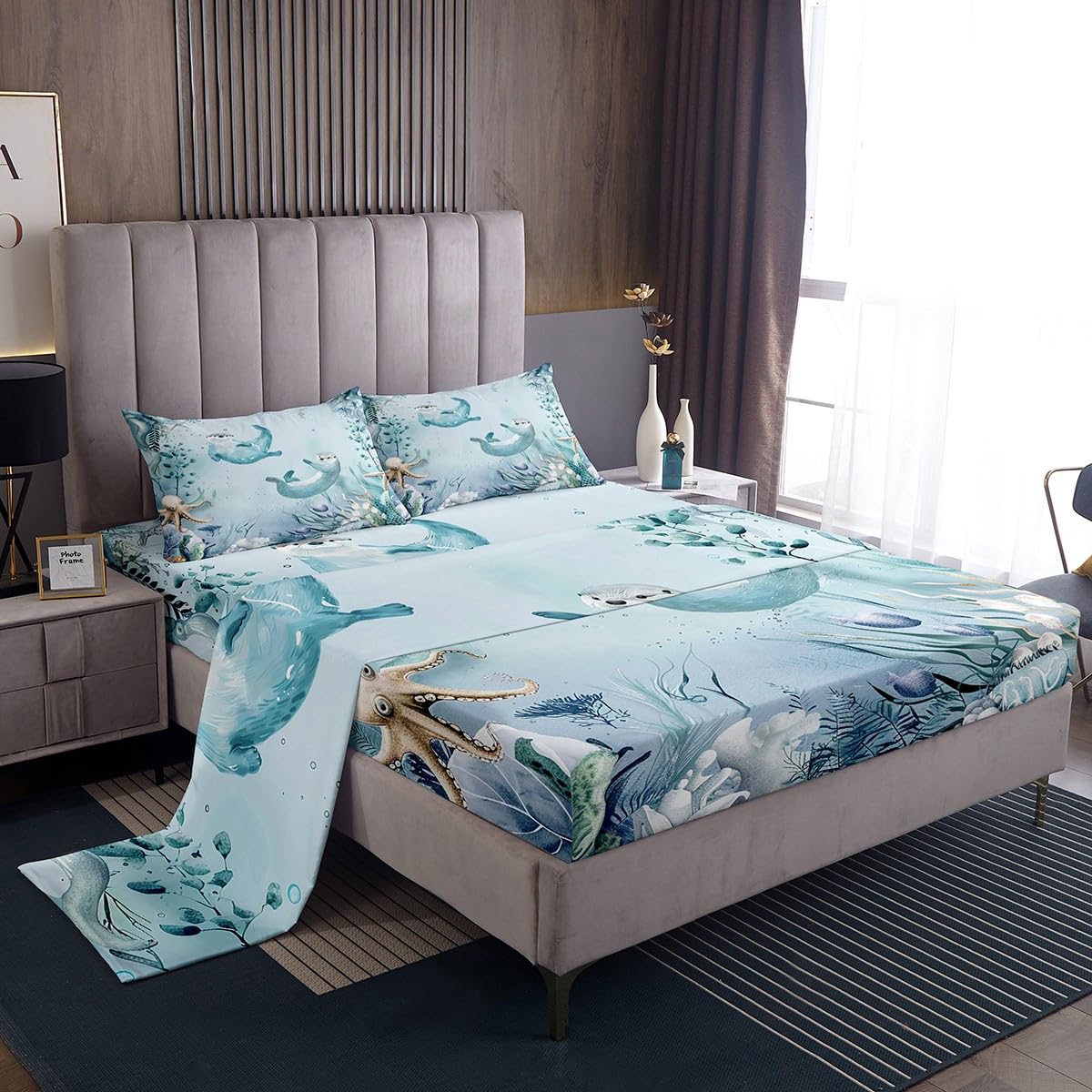 Erosebridal Sea Otter Bed Sheets Set Teal Blue Ocean Beach Coastal Queen Sheet Set for Girls Starfish Octopus