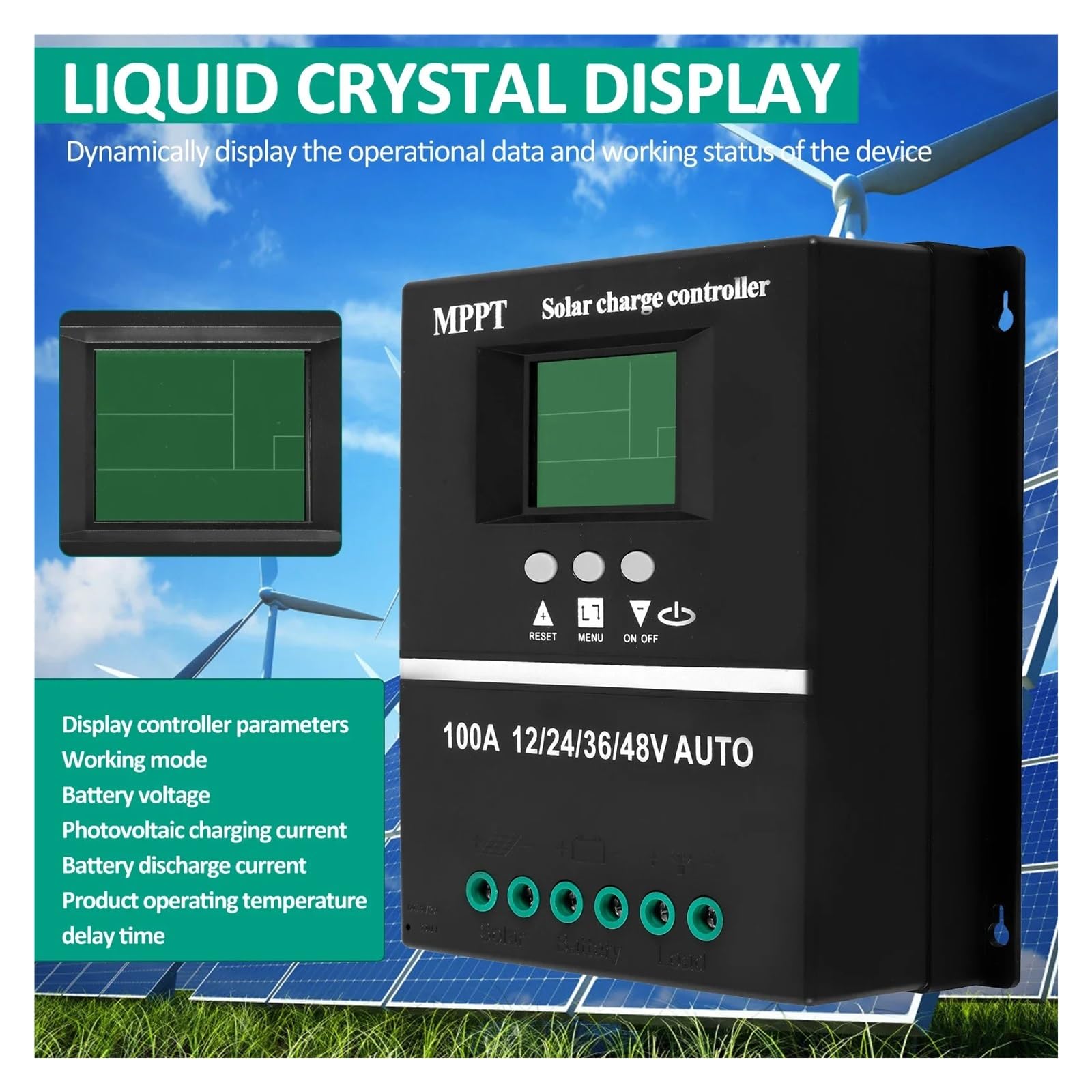 Contrôleur de Charge solaire MPPT 100A, 12/24/36/48V, régulateur de batterie LCD, double USB