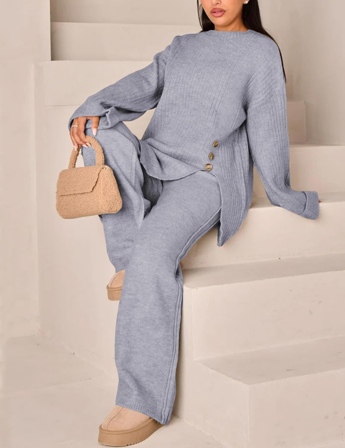 Womens Sweater Sets 2 Piece Outfits round neck Pullover Wide Leg Pant Slouchy Loungewear