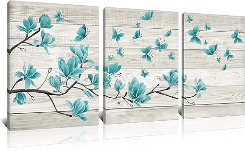 Kalormore Cuadro floral vintage de granja, flores de magnolia verde azulado con mariposas, lienzo giclée, impresiones artísticas enmarcadas y