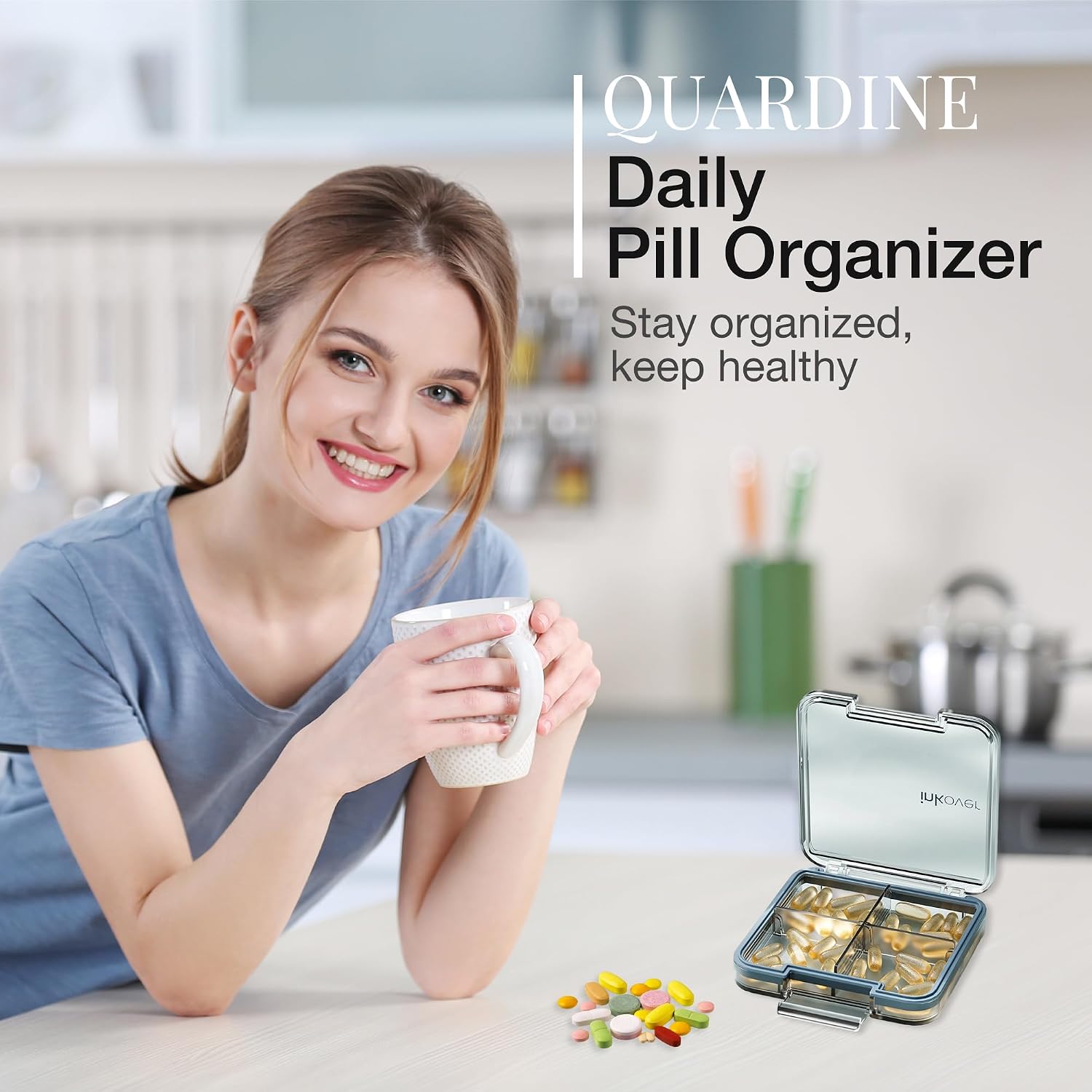 Small Pill Organizer Ultra Thin, QUARDINE Removable Divider Purse Pill Case with Moistureproof Silicone Seal, 4 Compartments Portable Travel Pill Box for Vitamins, Supplements, Fish Oil (Black)