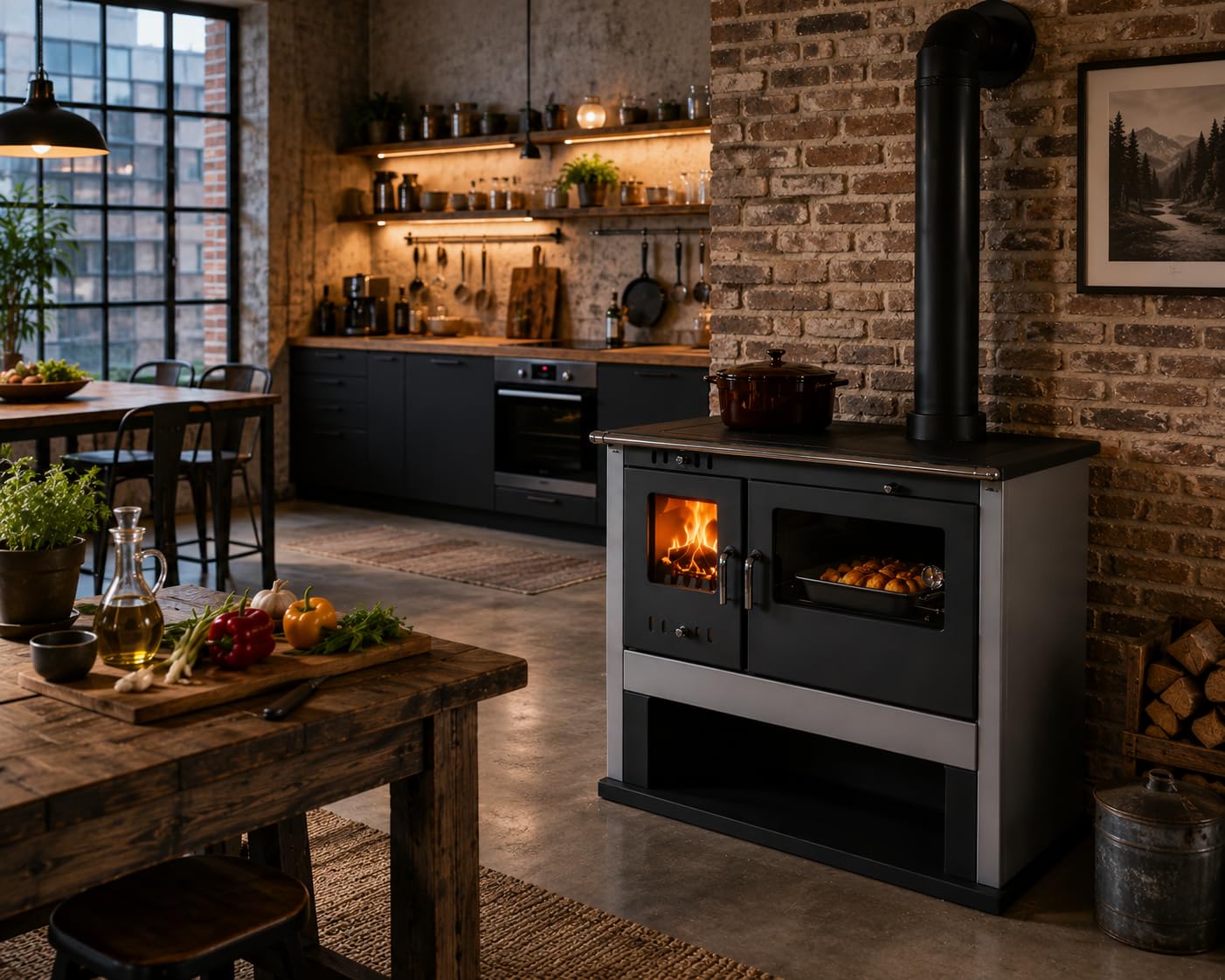 Viki Lix Poêle à brûler en bois 10,5 kW avec four et couvercle de cuisson