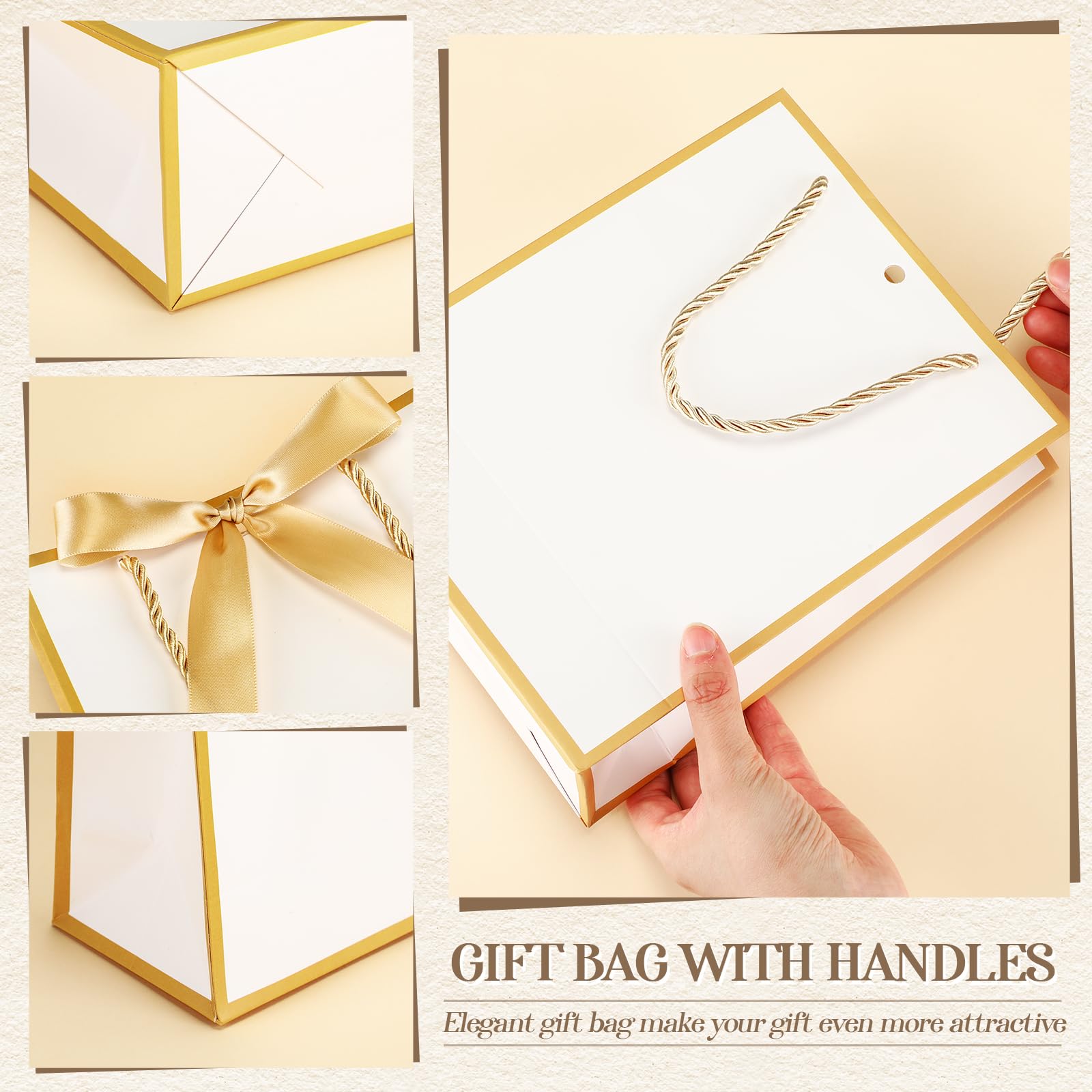 Silkfly 12 Pcs Wedding Paper Gift Bags with Handle 9x7x3.15'' Thank You Gifts Bags with Ribbon Bow Bridal Shower Gifts for Baby Shower Graduation Holiday Birthday Party Supplies (White,Gold)