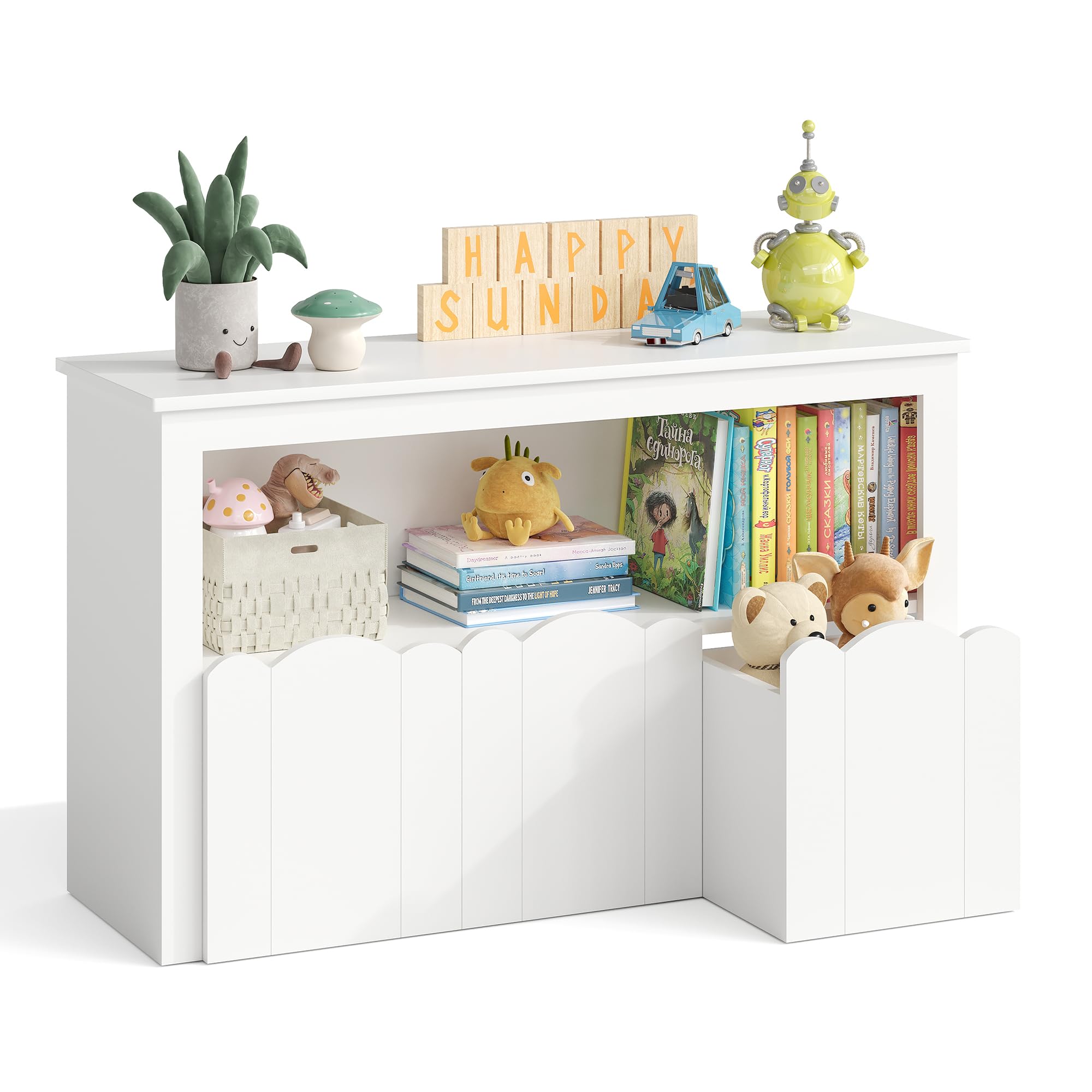 YOUDENOVA Kinderregal, Kinderzimmer Möbel mit 3 Boxen, Spielzeug Aufbewahrung auf Rollen, 102,2x33x61,5 cm, Aufbewahrung Kinderzimmer für Bilderbücher, Geschichtenbücher und Spielzeug, Weiß