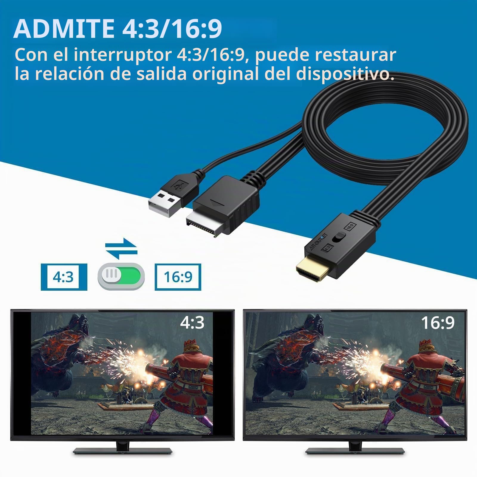 AUTOUTLET Convertidor PS2 a HDMI, Cable HDMI para PS2 y PS1, Interruptor de Relación de Aspecto 4:3/16:9