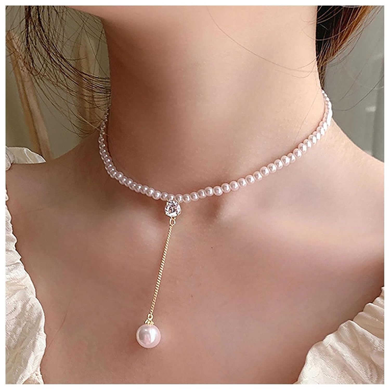 Andelaisi Boho Pearl Y Lariat Choker Necklace Gold Pearl Y Drop Necklace Vintage Crystal Pearl Pendant Necklace White Pearl Bead Y Necklace Jewelry for Women - Image 2
