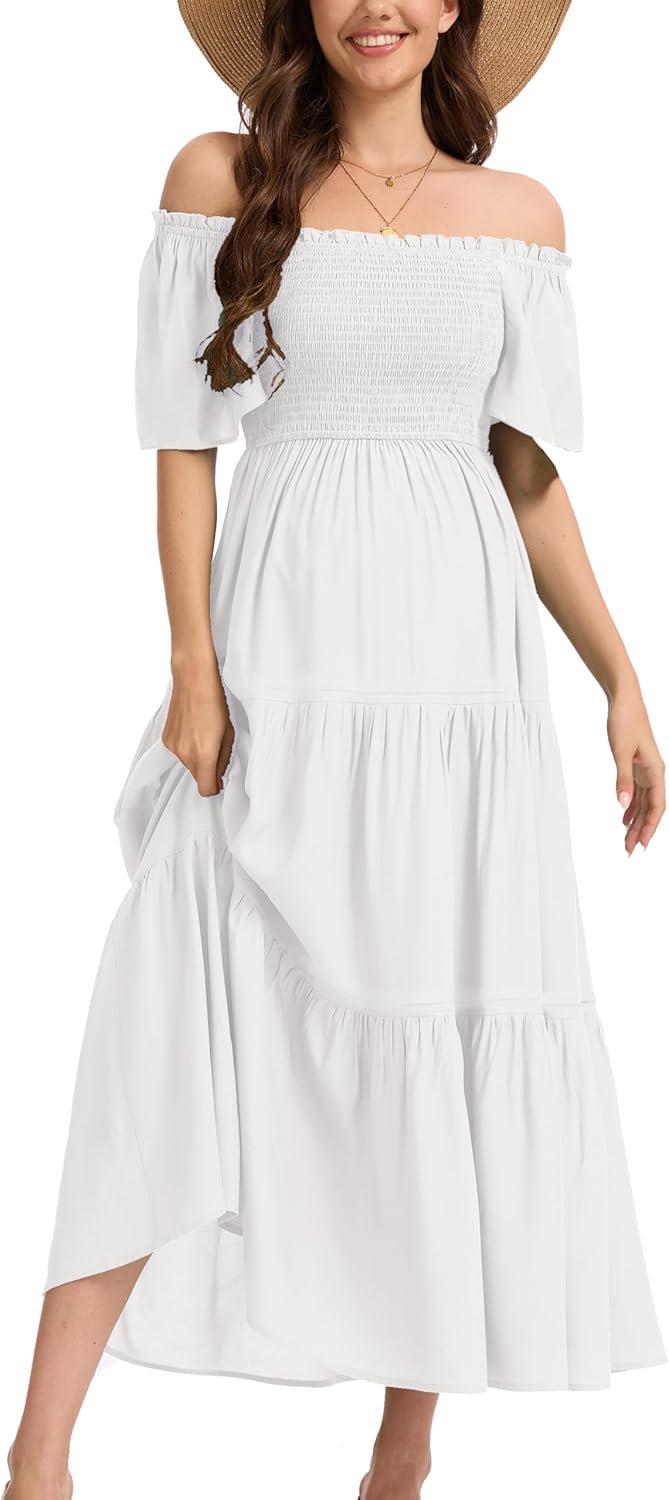 Women's Summer Ruffle Short Sleeve Maternity Maxi Dress Flowy Tiered A Line Photoshoot Baby Shower Dress