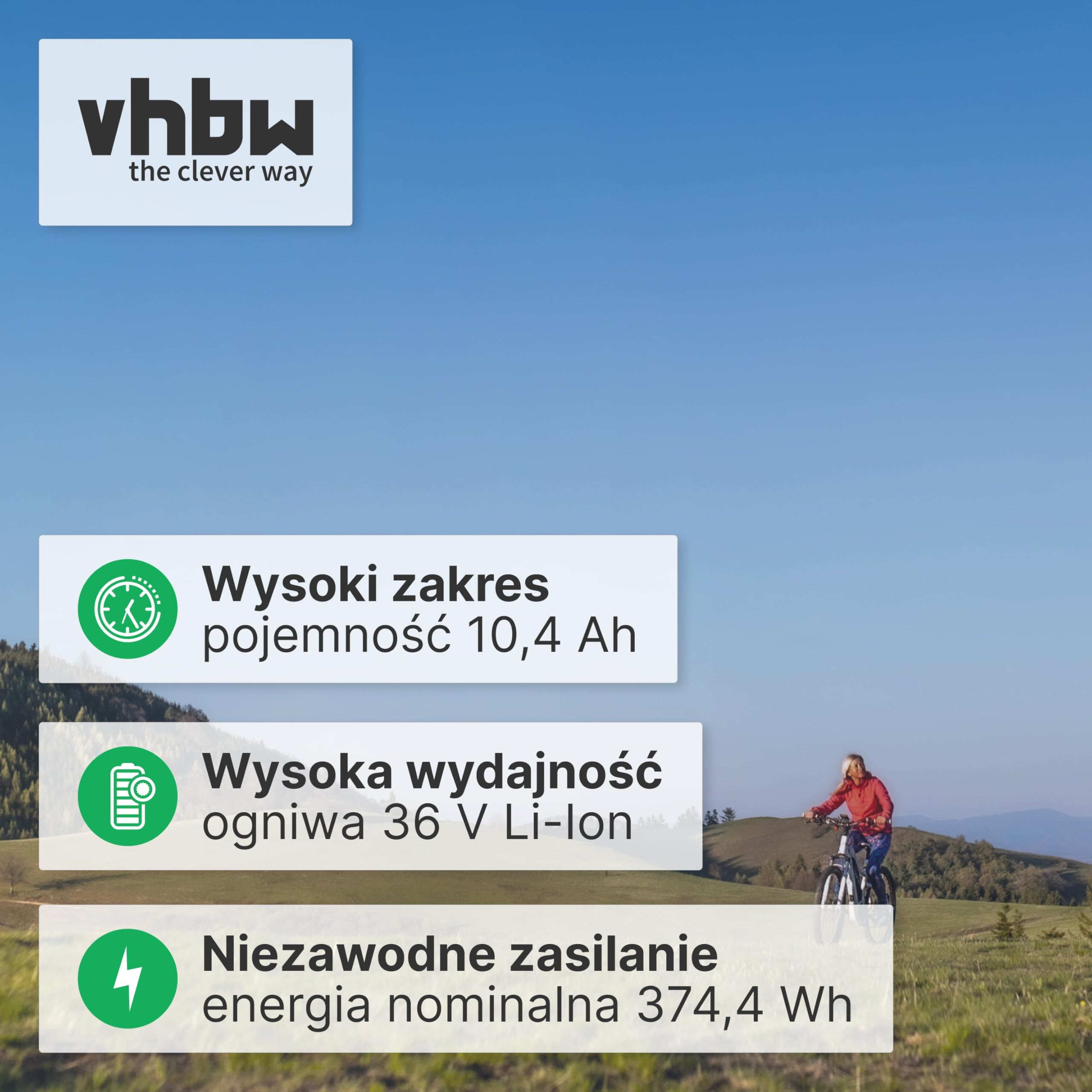 vhbw Akumulator Zastępczy dla Samsung 10ICR19/65-4, SDI-3610C, SDI-3611C, SDI-3612B do E-Bike (10,4 Ah, 36 V, Li-Ion) - Czarny