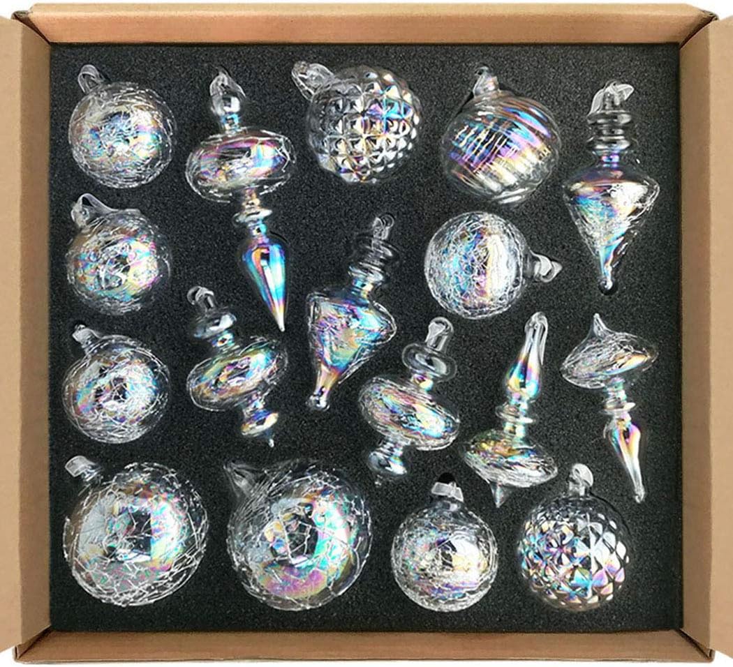 glasburg Glass Christmas Ornaments Iridescent Clear Size Medium(17 Ornaments)