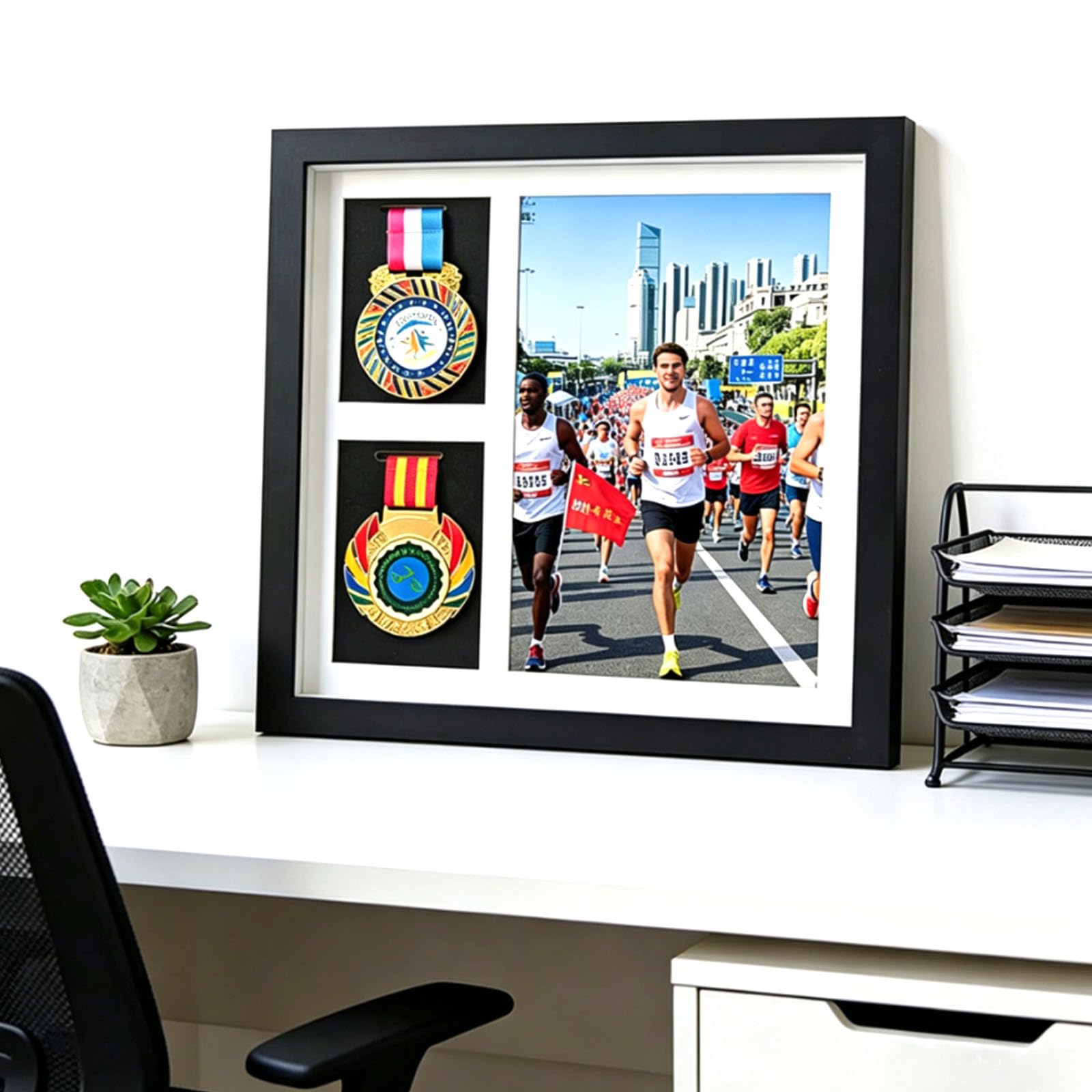 Boîte d'ombre pour médailles - Présentoir de médailles de marathon - 2 médailles et photos - Pour récompenses militaires, triathlon et tous les sports - Noir - A4