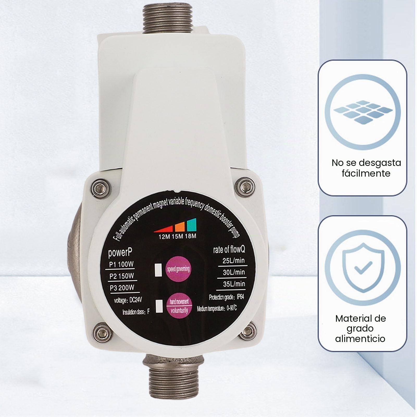 Luocute Bomba de Refuerzo de Presión de Agua DC Solar Alimentado 3 Velocidades Ajustables 100W-200W, 25L-35L / Min, Motor Tranquilo sin Cepillos para Baños de Baños, Aumenta la Presión (Enchufe de