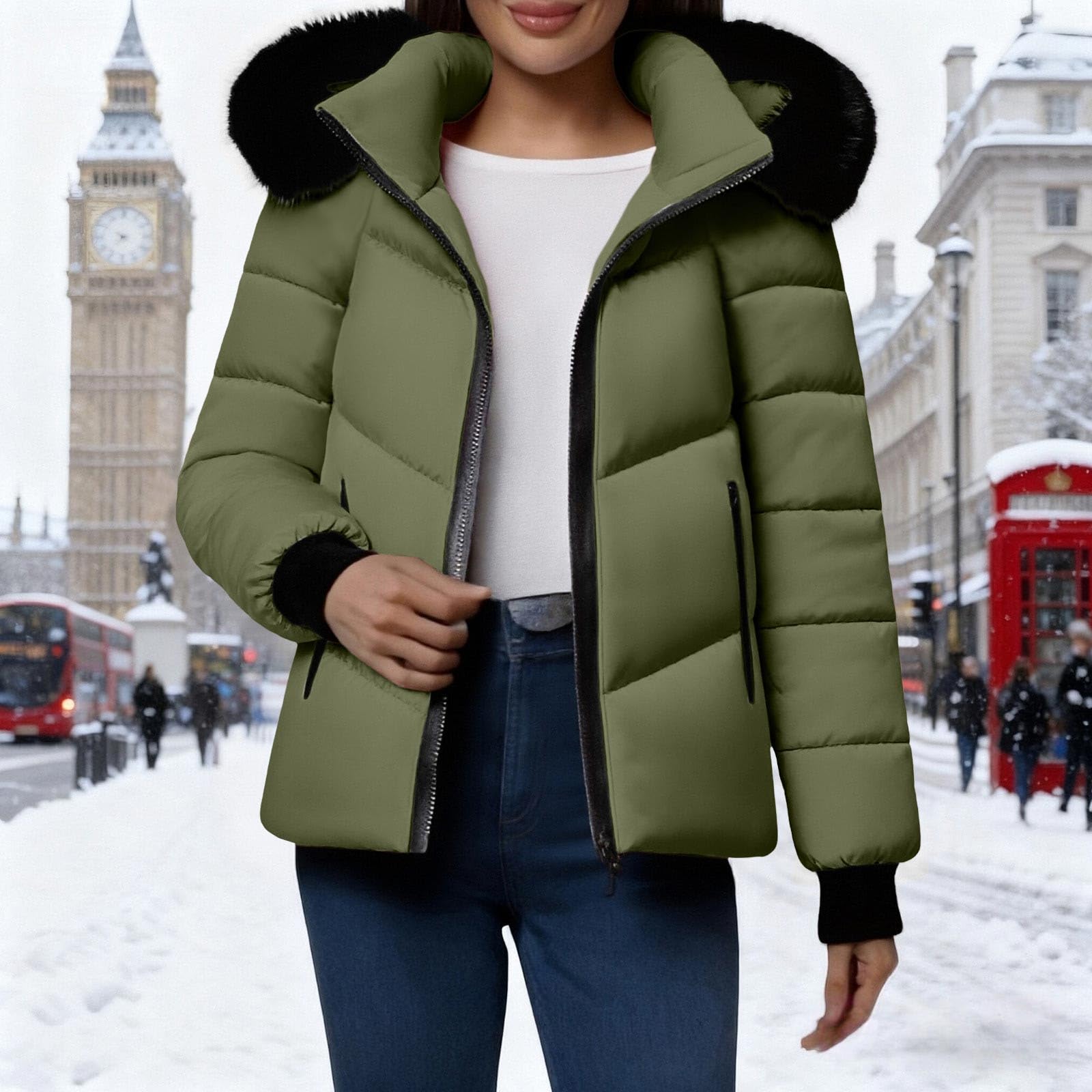 Doudoune courte d'hiver pour femme avec capuche en fausse fourrure et col montant avec fermeture éclair - Imperméable - Matelassée - Manteau d'hiver fin et chaud - Coupe-vent - Manteau ample