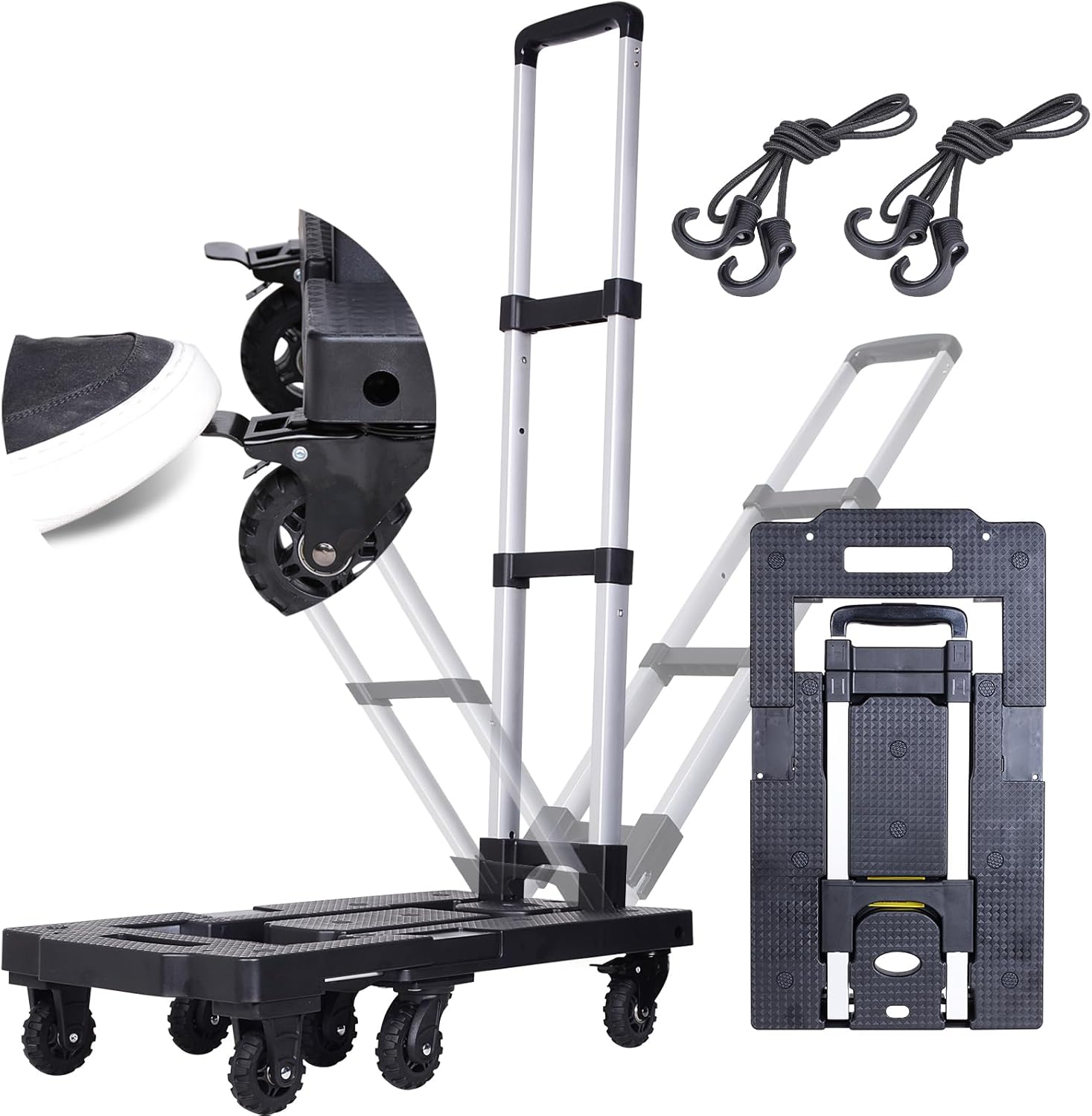 Upgraded 600lbs Heavy Duty Folding Hand Truck Dolly, Light Weight Utility Dolly Platform Cart with 7 Wheels(2 with Brake)& Handle Lock & 2 Elastic Ropes for Luggage, Moving, Shopping Use 600 lbs, 7 Wheels