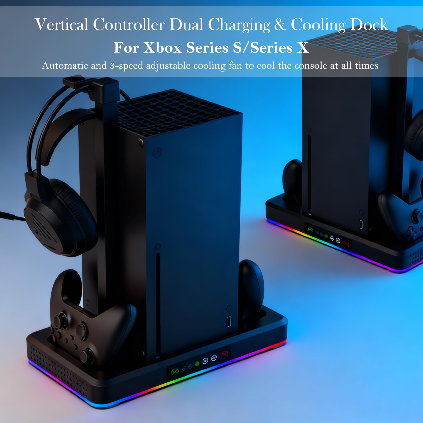 Ventola di raffreddamento verticale automatica e doppia stazione di ricarica per Xbox Series S/Series X con illuminazione ambientale RGB, grande ventola turbo, supporto per cuffie, filtri antipolvere