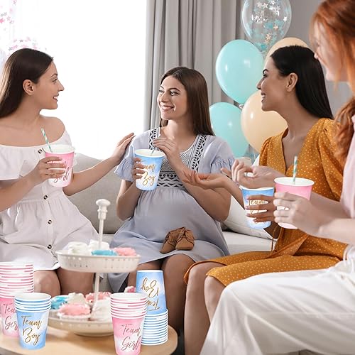 Miniatura 6 de Whaline 50 vasos de papel para fiesta de revelación de género, color rosa, azul, equipo niña, niño, revelación de género, tazas desechables para