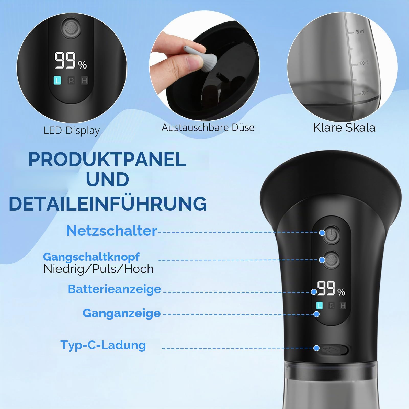 Elektrischer Ohrenschmalz Entferner, Wiederaufladbarer Ohrreiniger, Ohrensauger & Ohrspülung Gerät mit Doppeltank, 3 Modi, LED Akkuanzeige, IPX7 Wasserdicht, Für Erwachsene, Schwarz