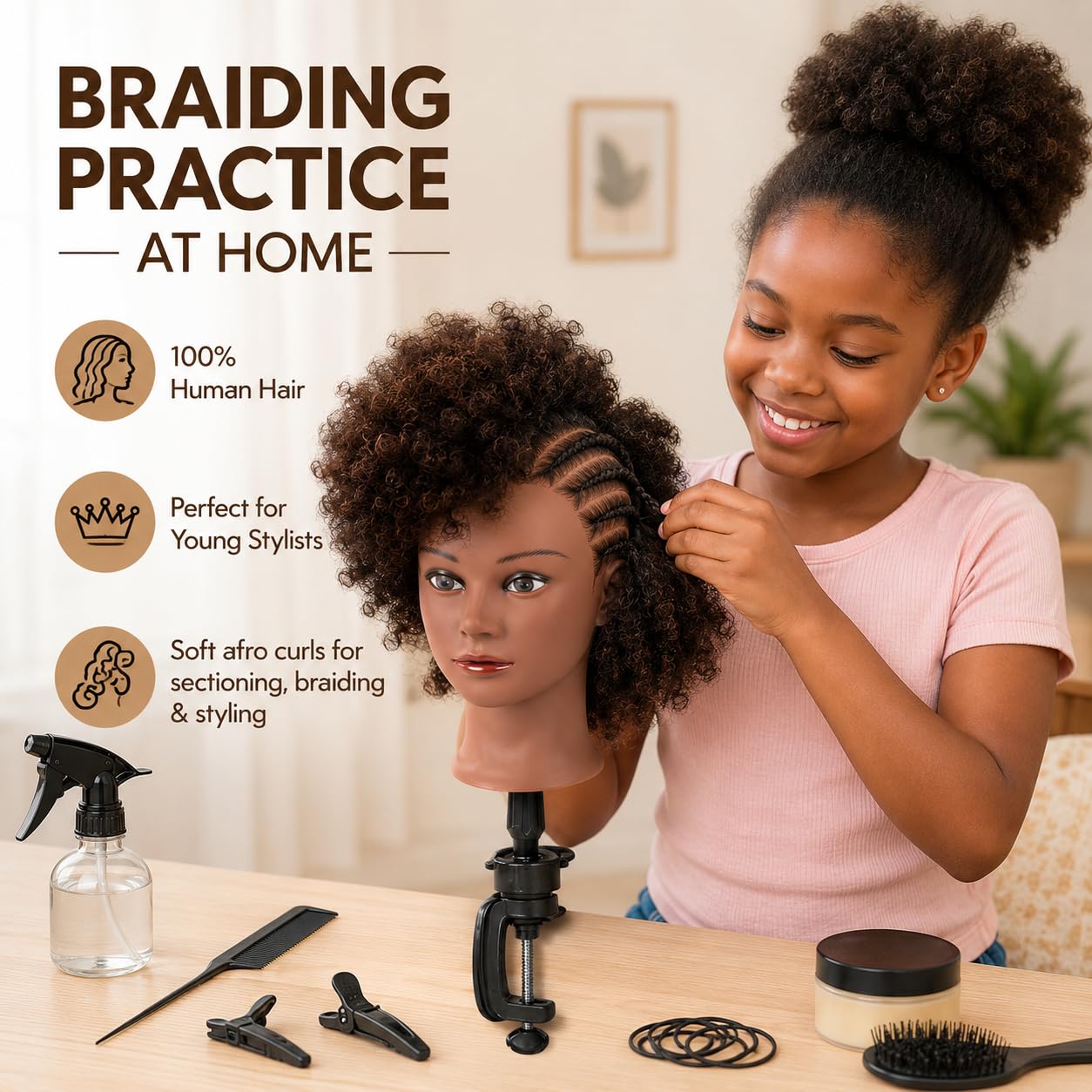 MORRIS 10 Inch Human Hair Mannequin Head, Kinky Curly, with Clamp Stand image 5