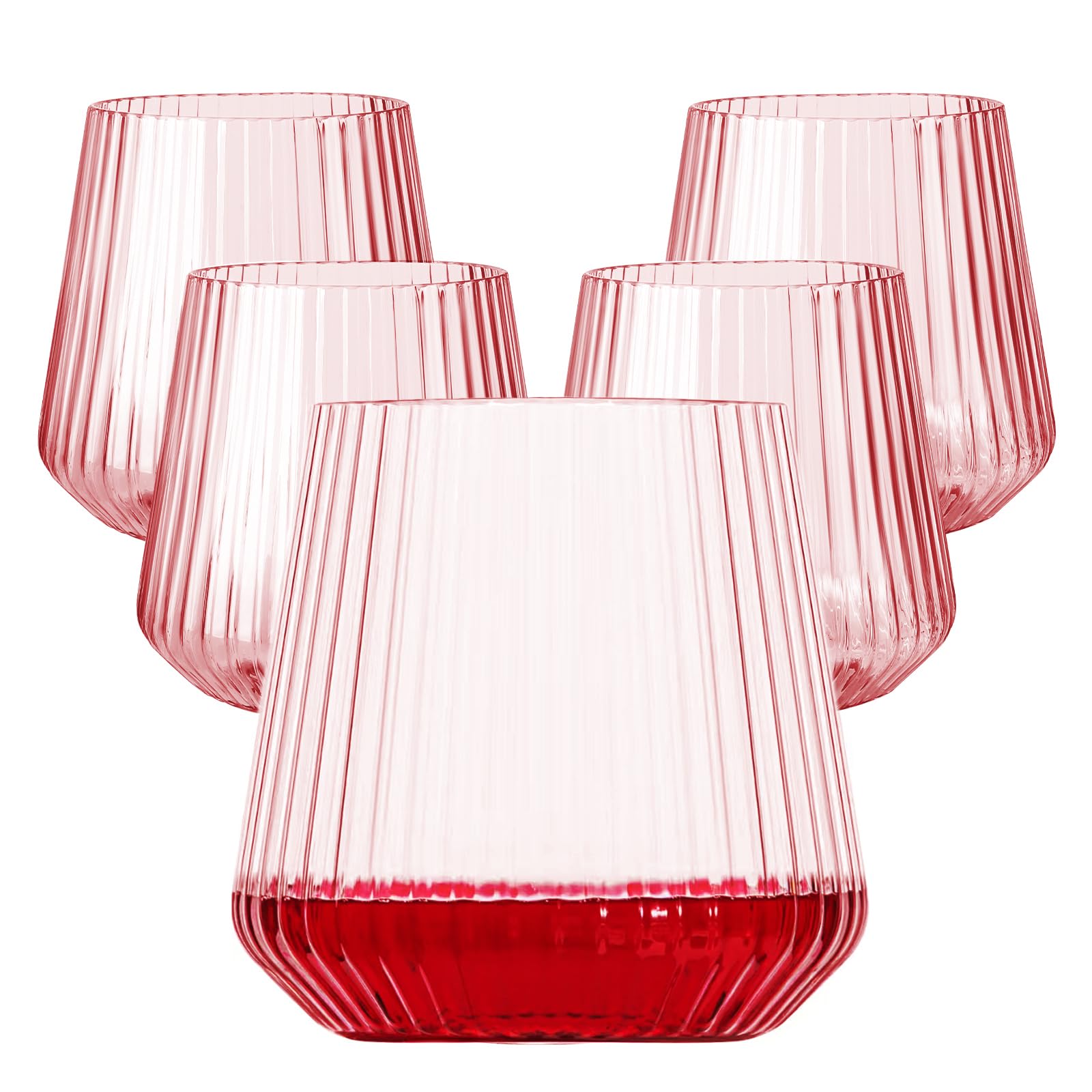 Lueumxc 40 Pack Plastic Ribbed Wine Glasses, 14Oz Origami Disposable Wine Glasses Unbreakable Clear Plastic Cocktail Glasses Recyclable Shatterproof Reusable Wine Cups (14oz-pink-40pack)