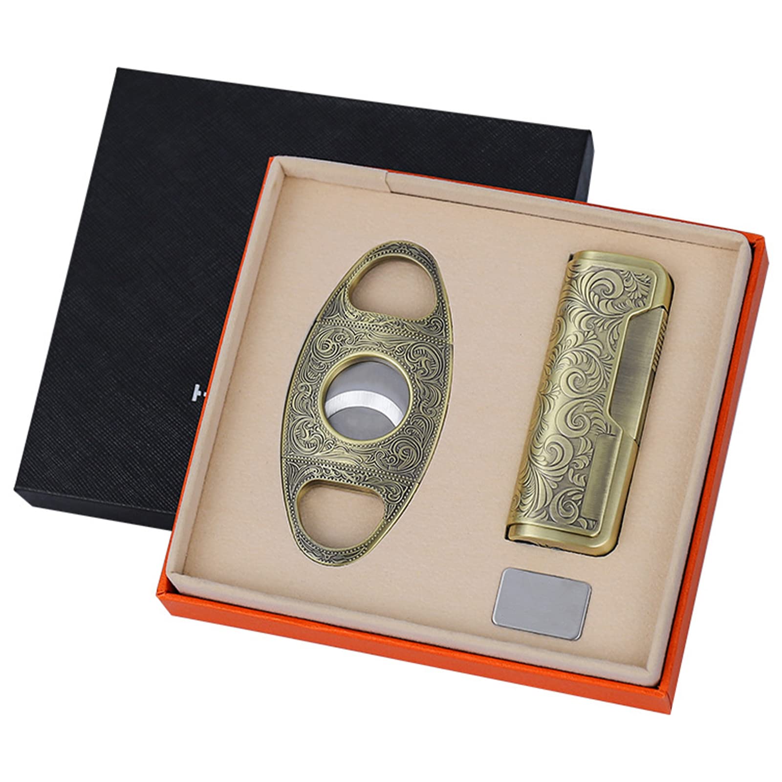 Juego de Encendedor de Cigarros a Prueba de Viento, Encendedor de Gas Butano en Relieve, Juego de Accesorios de Perforación de Cigarros de Metal Portátil para Caja de Regalo