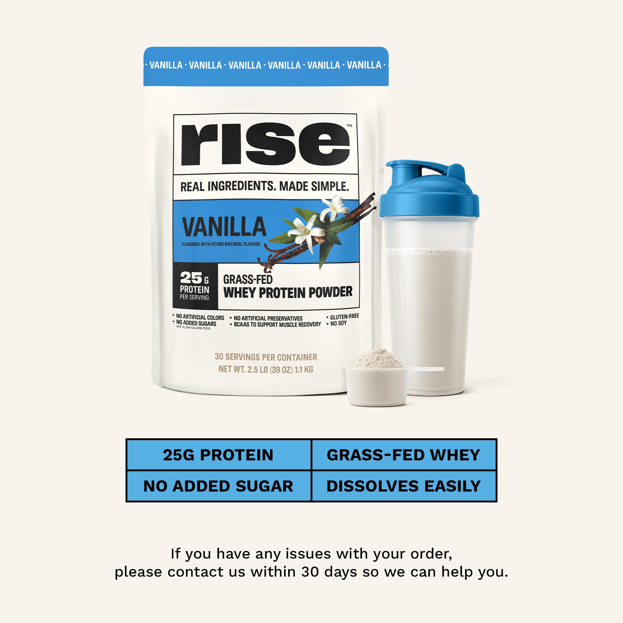 Rise Grass-Fed Whey Protein Powder - Vanilla | 25g Protein No Artificial Flavors, Colors, or Preservatives - Sugar Free, Gluten-Free, Soy Free (2.5 lbs) — Amazon image 3