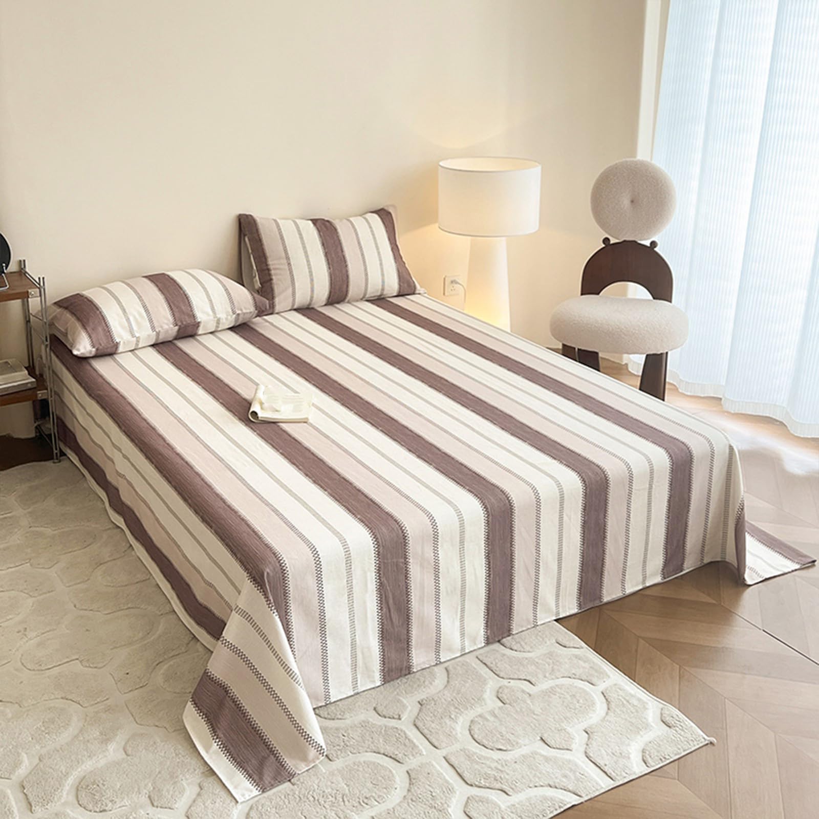 Drap plat 120x230cm en coton à rayures marron pour lit simple